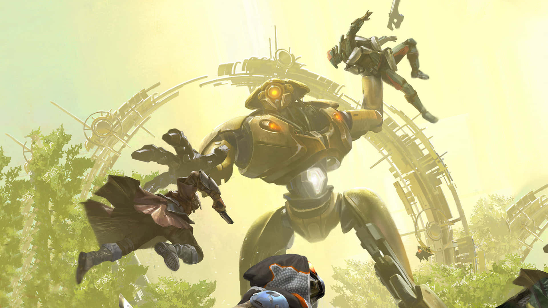 Destiny Characters, golden robot, human warriors, Full HD Desktop Wallpaper