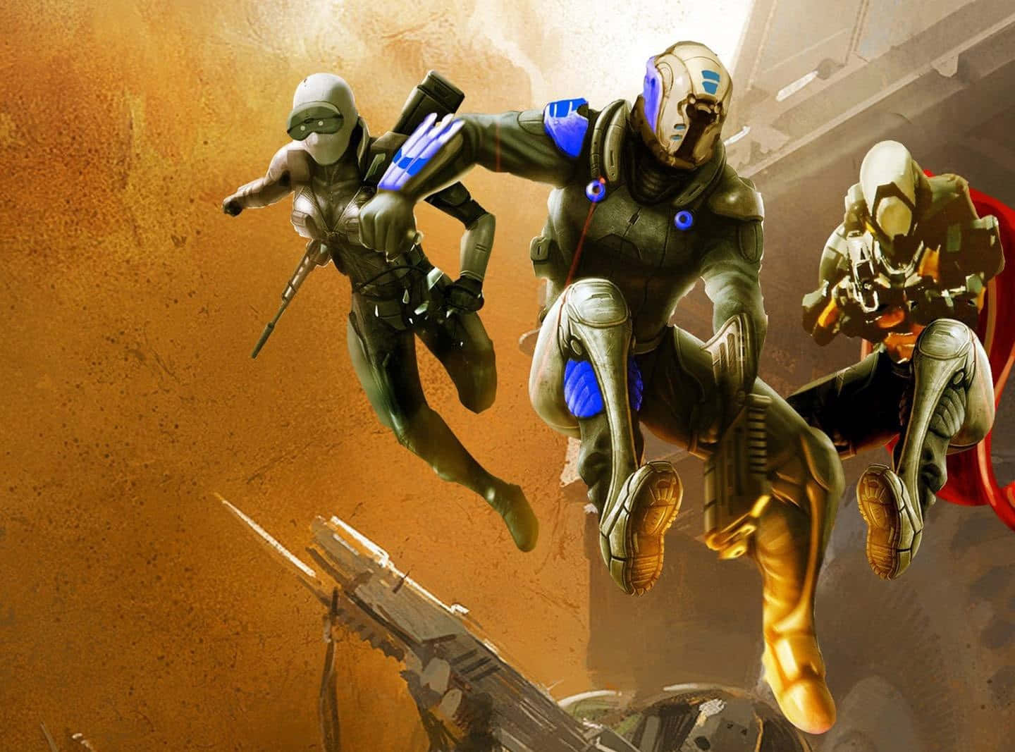 Destiny Characters, futuristic soldiers, dusty orange battlefield, HD Desktop Wallpaper