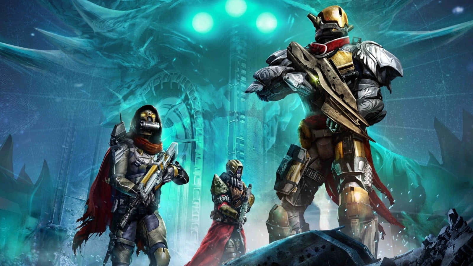 Destiny Characters, armored warriors, glowing alien ruin, HD Desktop Wallpaper