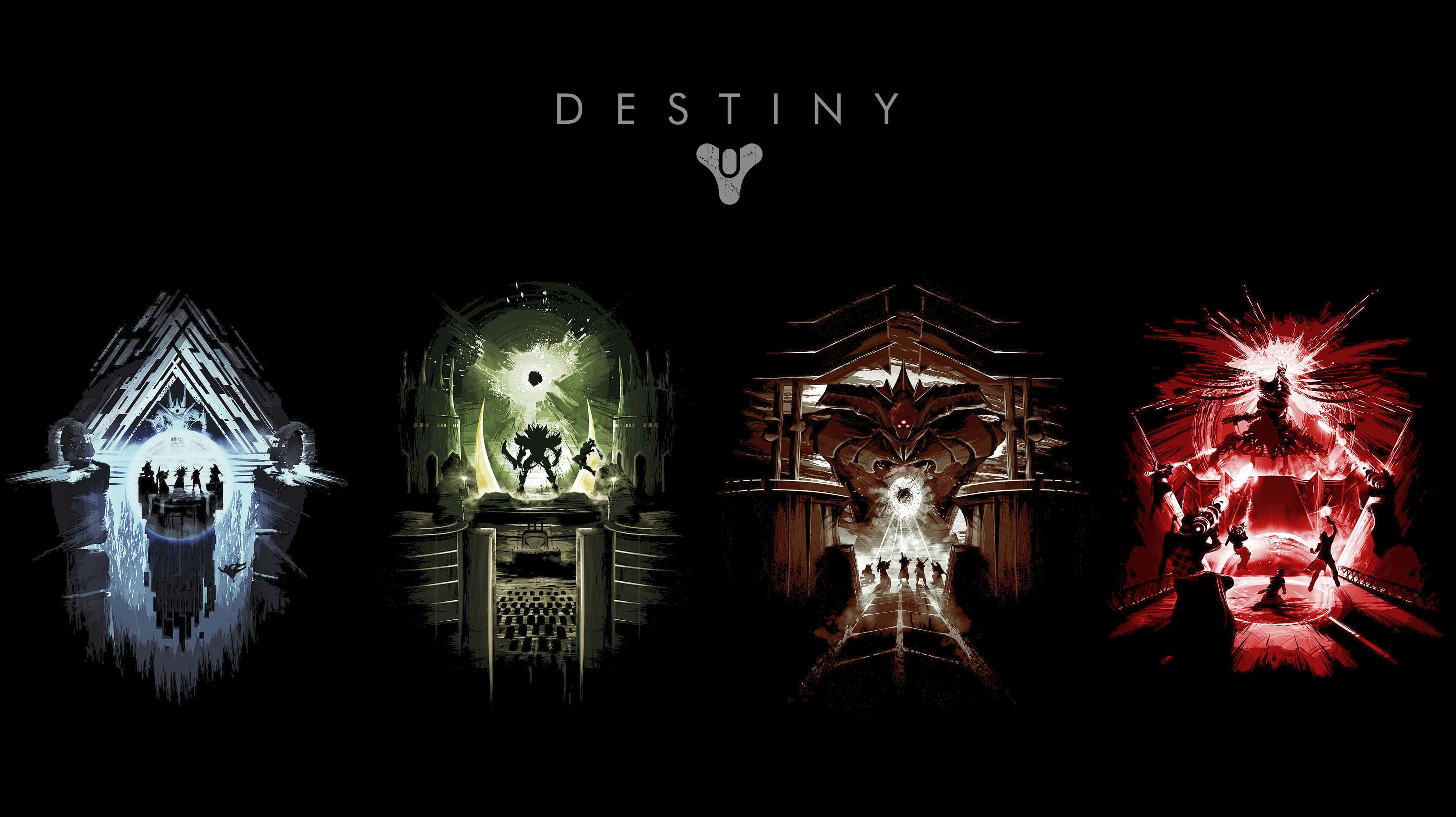Destiny Logo, alien gateways, silhouetted figures, 4K Desktop Wallpaper
