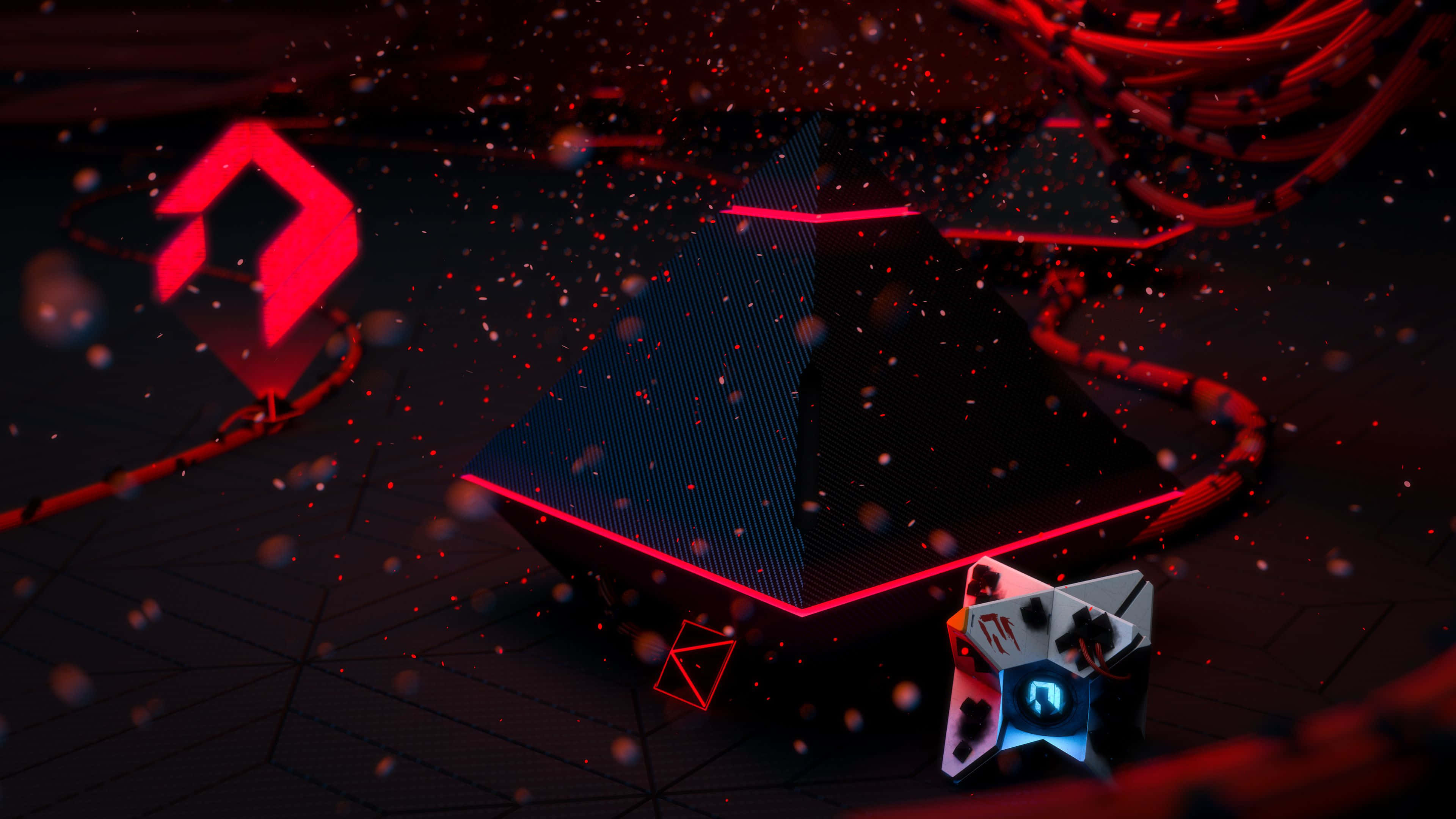 Destiny Logo, glowing red geometric pyramid, floating symbols, 4K Desktop Wallpaper