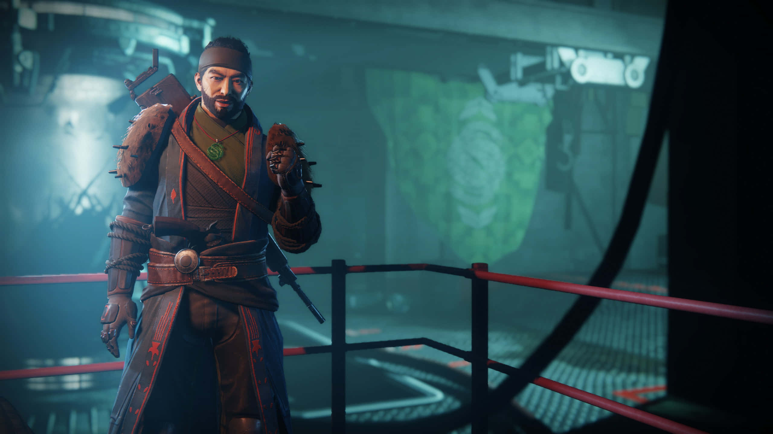 Destiny The Drifter, ornate armor, dim futuristic arena, 2K Desktop Wallpaper