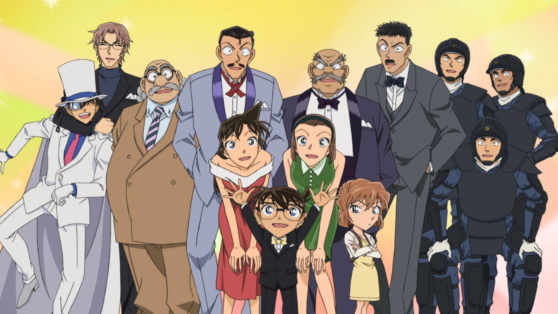 Detective Conan, anime characters, glowing yellow background, Full HD Desktop Wallpaper