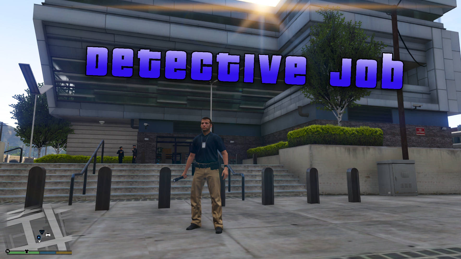 detective job, purple letters, modern building, Full HD Desktop Wallpaper