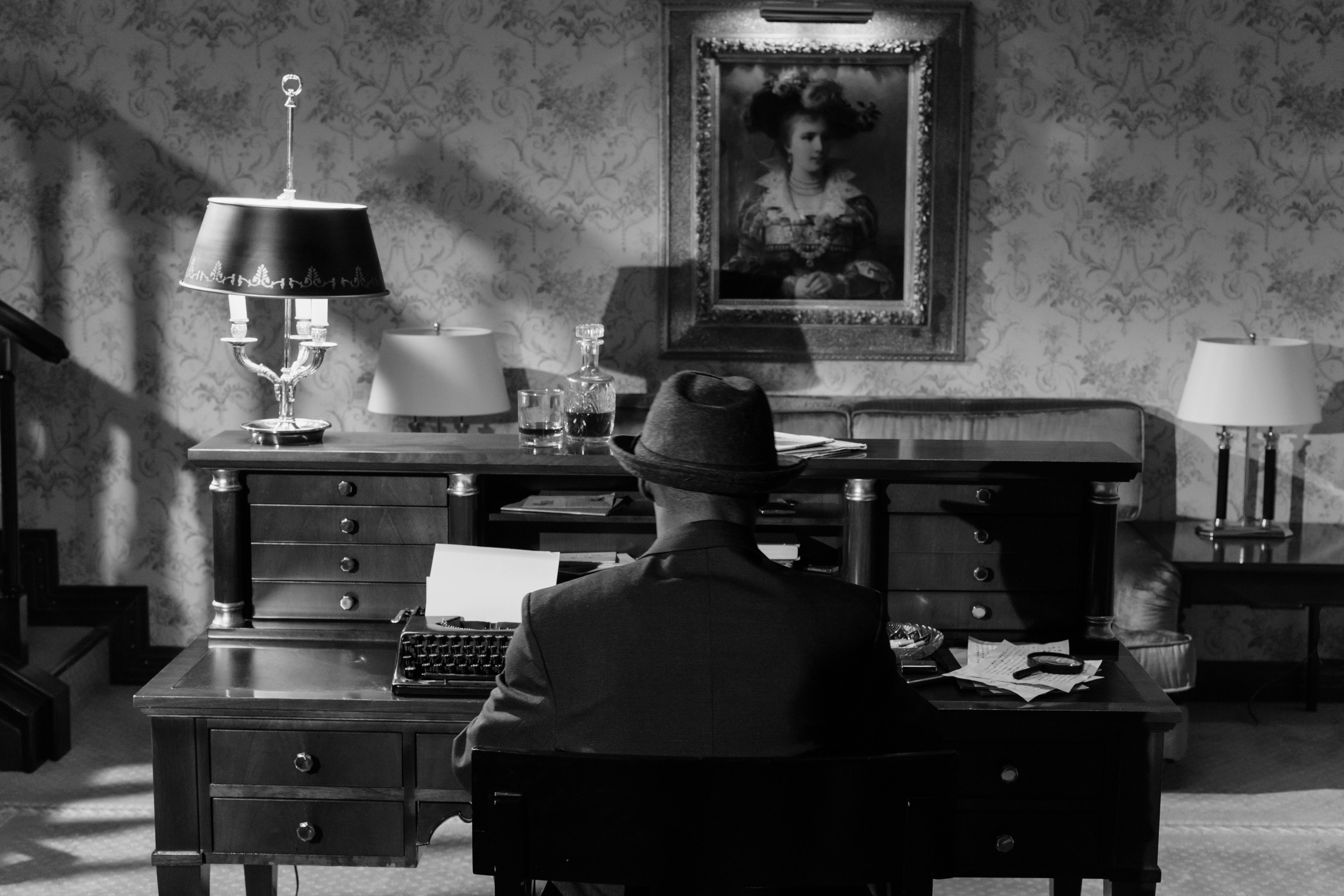 private investigator, fedora, vintage desk, 5K Desktop Wallpaper