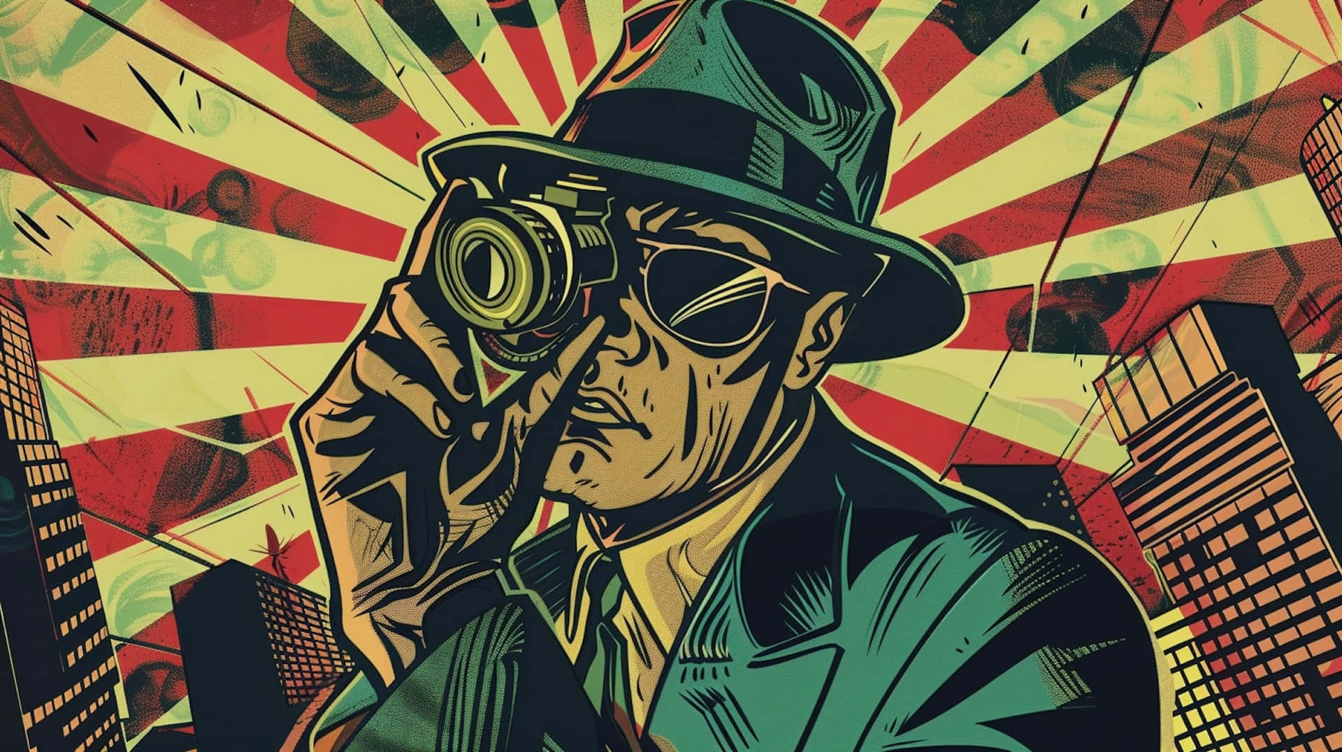 retro detective comic art, fedora, sunglasses, Full HD Desktop Wallpaper