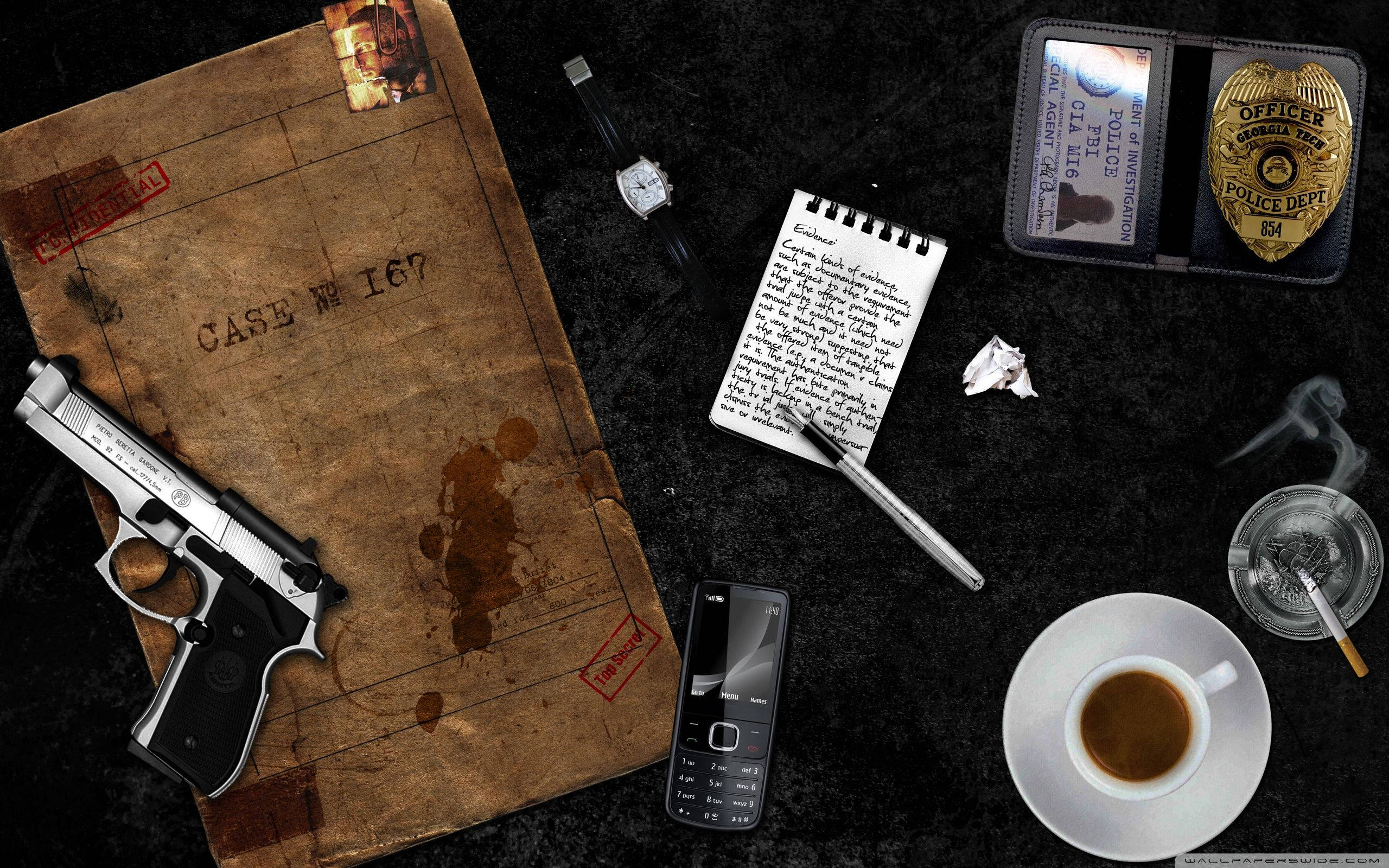 Detective Paraphernalia, handgun coffee cup, police badge, 2K Desktop Wallpaper