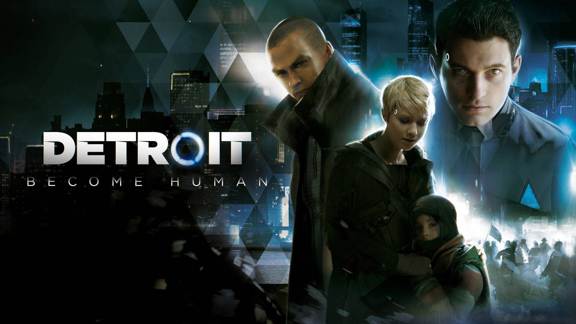 Detroit: Become Human, humanoid robots, glowing futuristic cityscape, Full HD Desktop Wallpaper