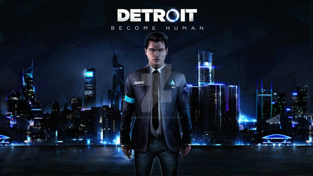 Detroit Become Human, neon-lit futuristic city skyline, night, SD Desktop Wallpaper