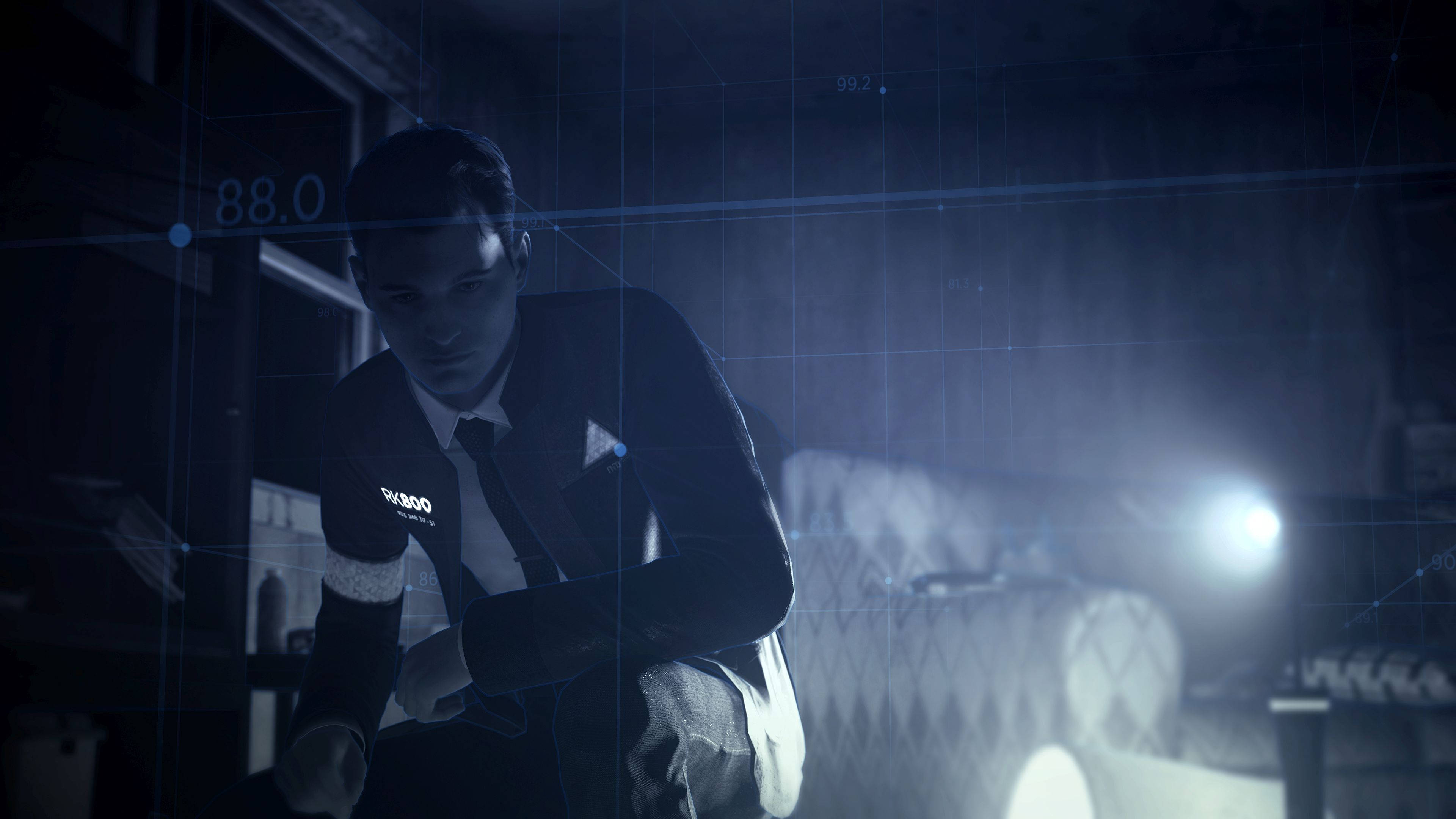 Detroit Become Human, futuristic room, glowing blue data overlays, 4K Desktop Wallpaper
