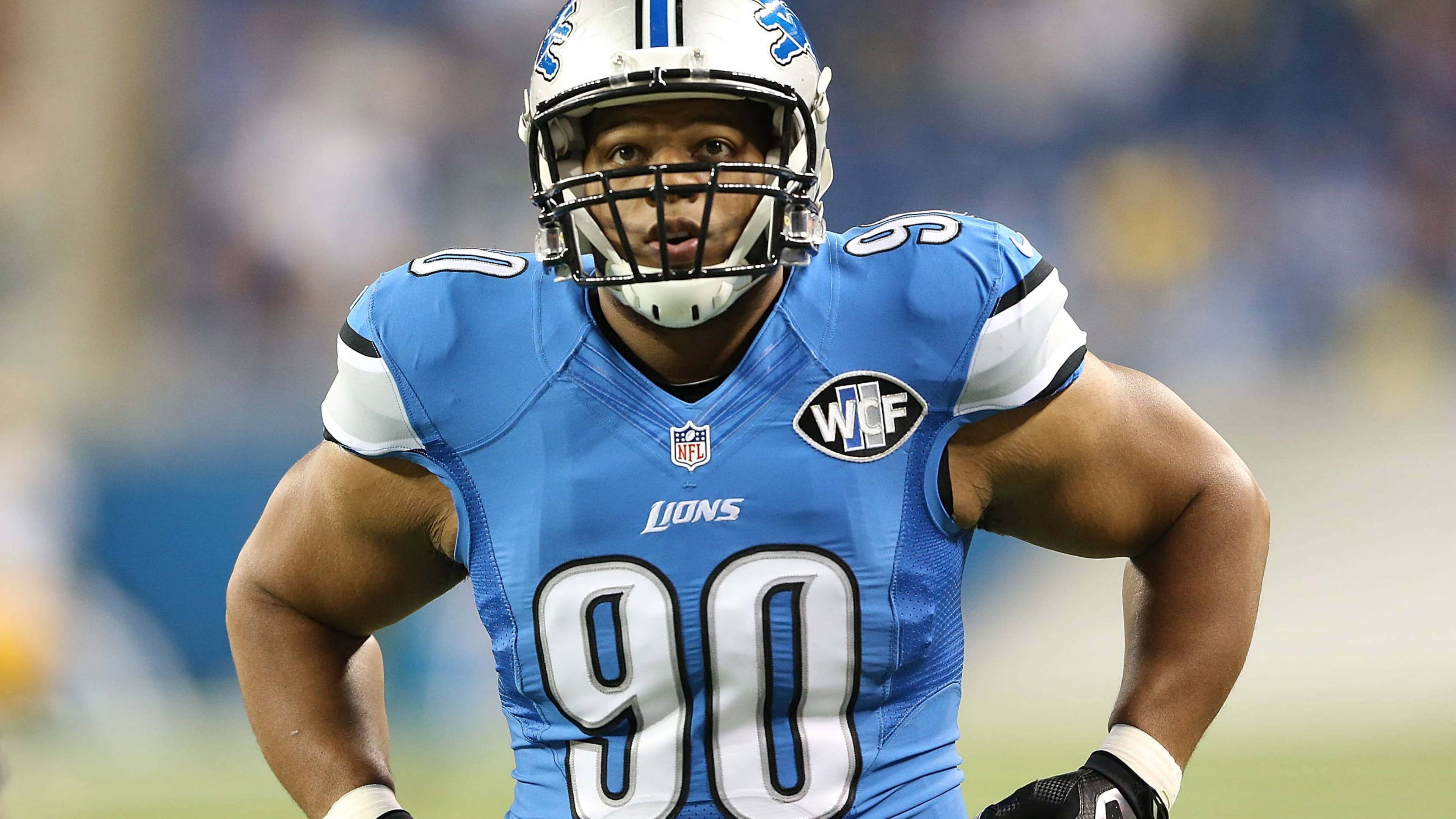 Detroit Lions, player no 90, blue jersey, 4K Desktop Wallpaper