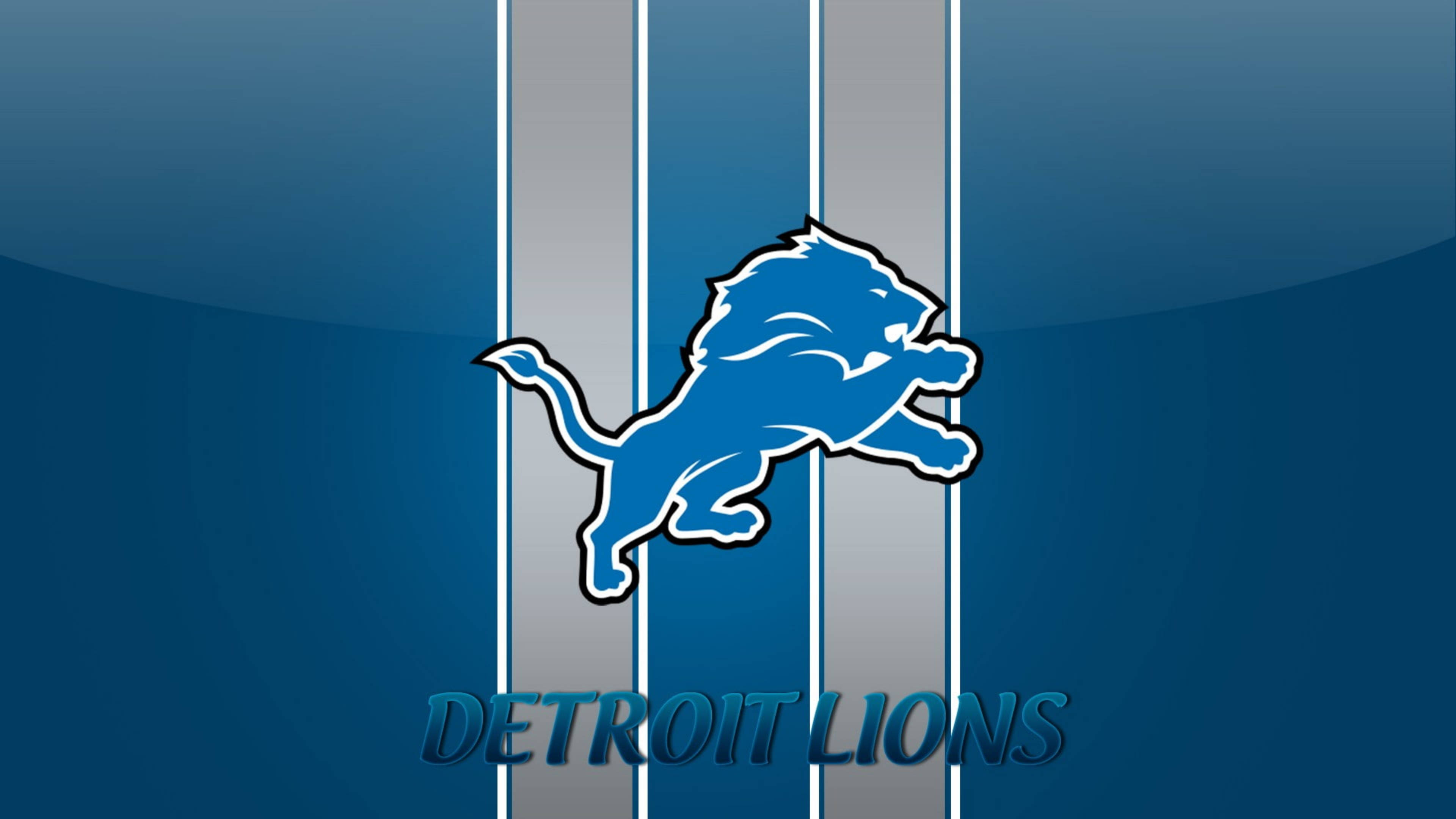 Detroit Lions, blue leaping lion logo, blue and silver striped background, 4K Desktop Wallpaper