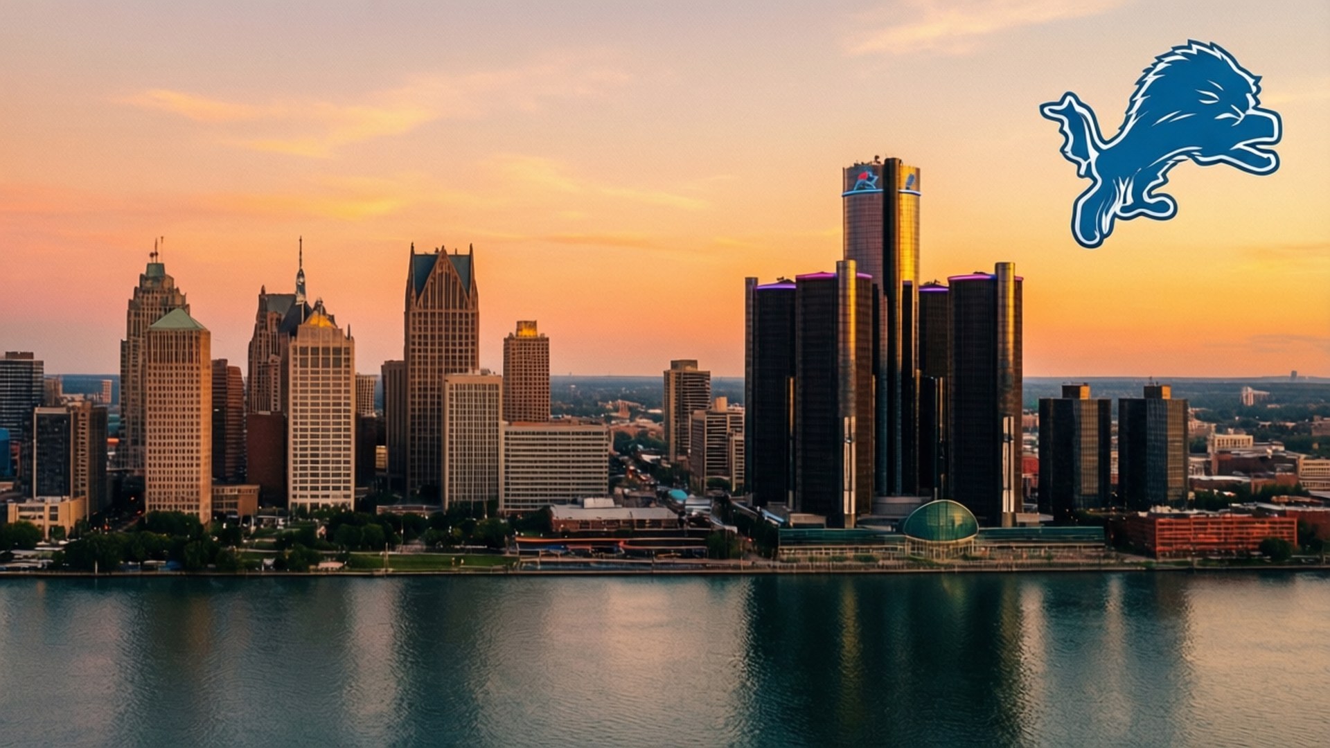 Detroit skyline, sunset, golden light, Full HD Desktop Wallpaper
