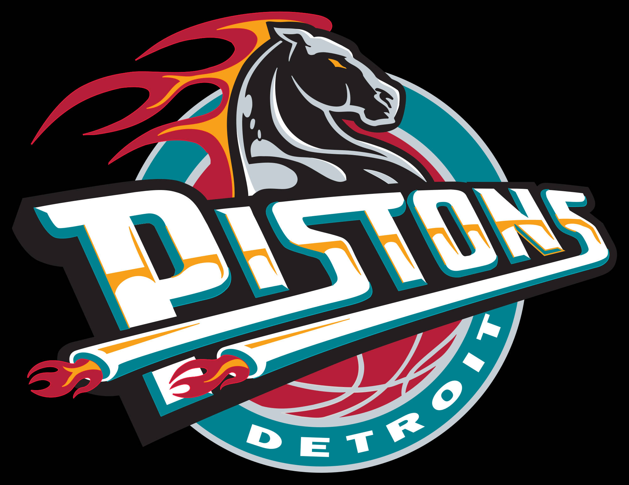 Detroit Pistons, black horse head, fiery red orange flames, Full HD Desktop Wallpaper