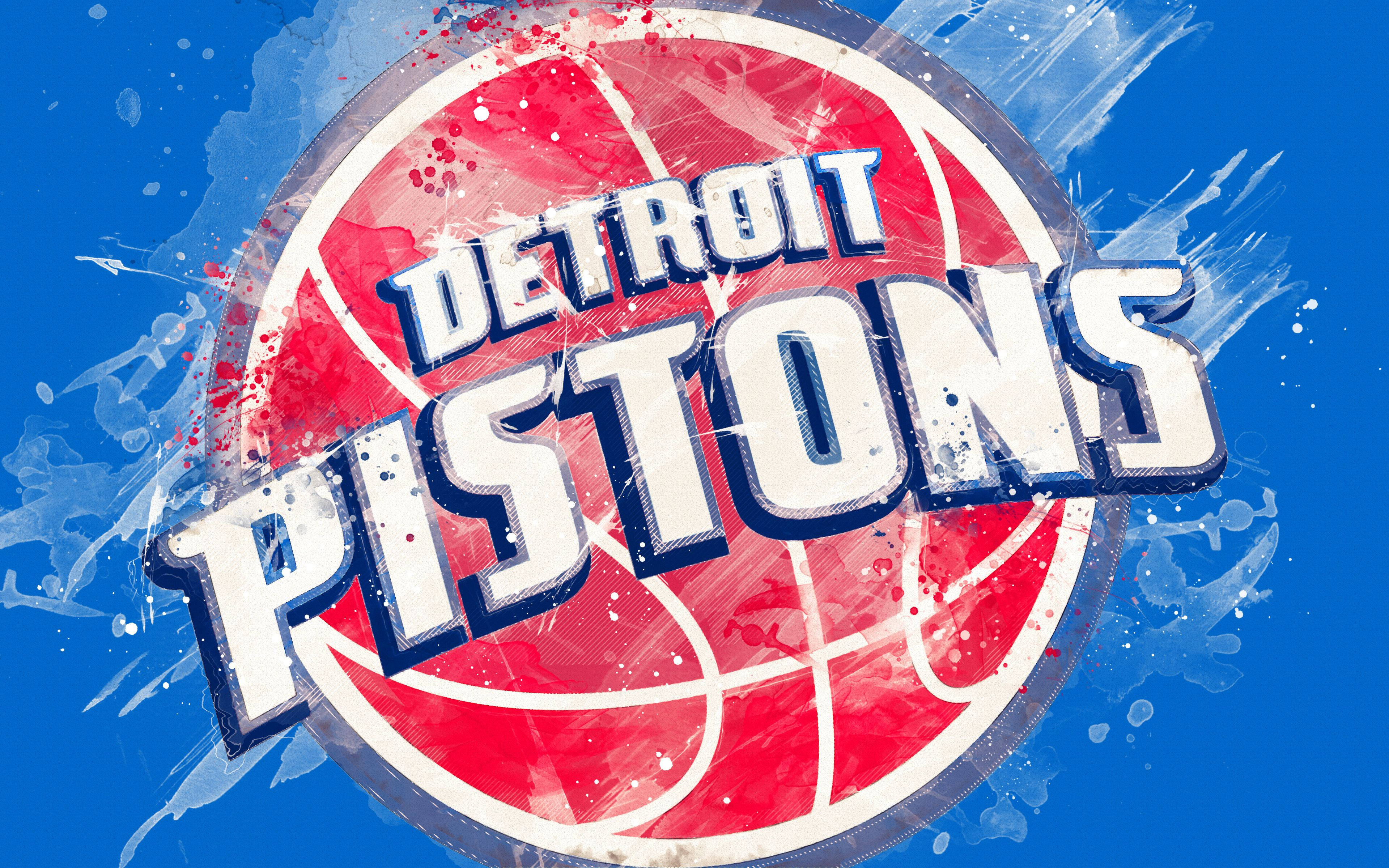 Detroit Pistons, red basketball, blue splatter effects, 4K Desktop Wallpaper