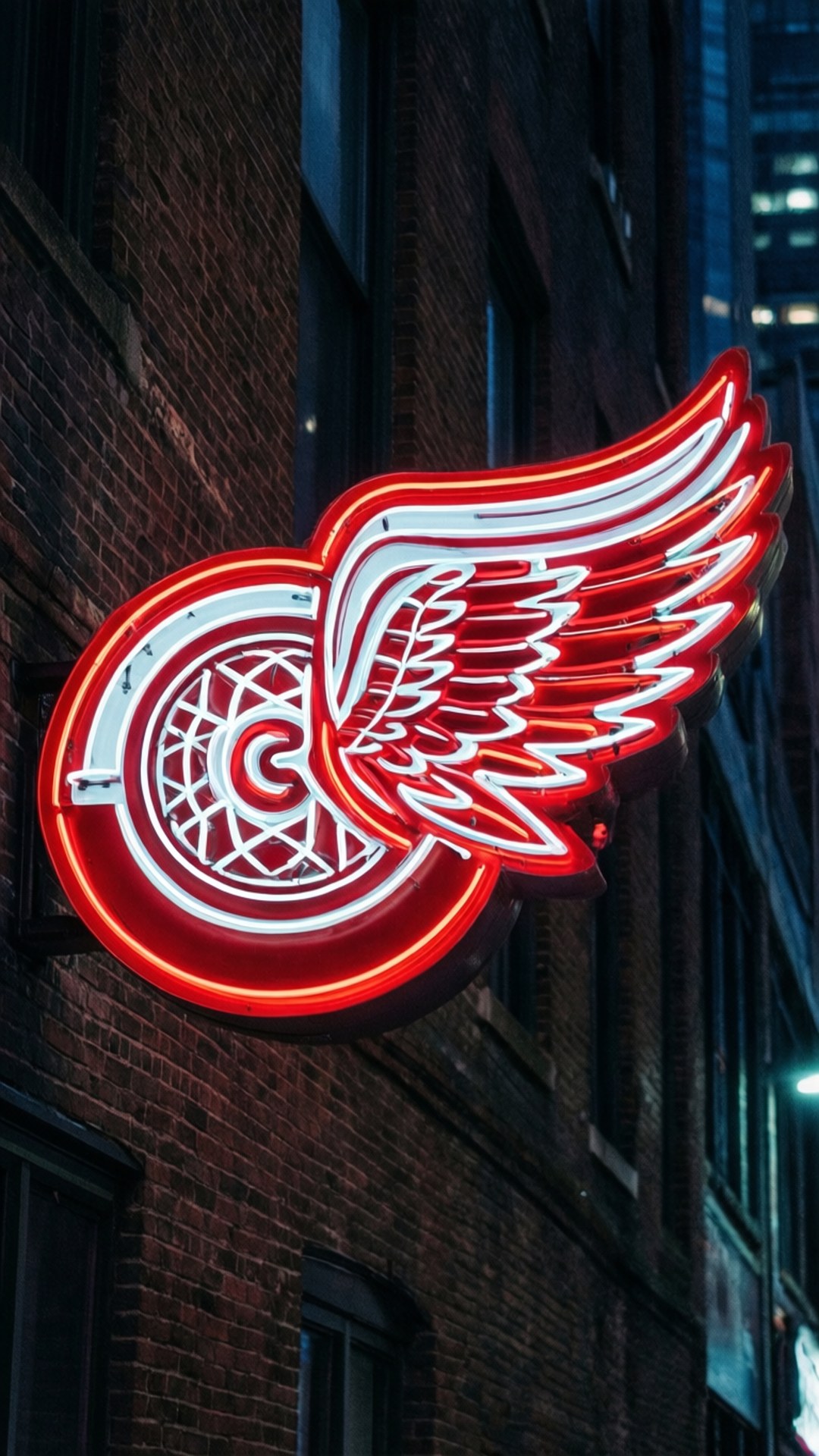 neon sign, winged wheel logo, red and white, Full HD Phone Wallpaper