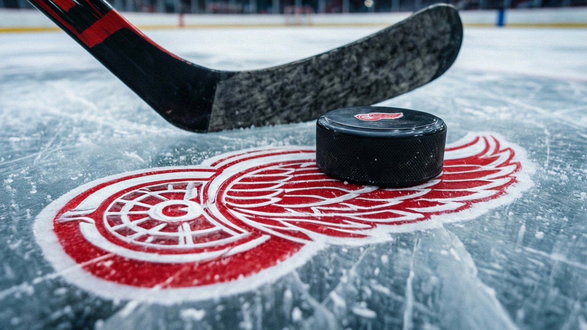 Detroit Red Wings, red and white Detroit Red Wings logo, black hockey puck, Full HD Desktop Wallpaper