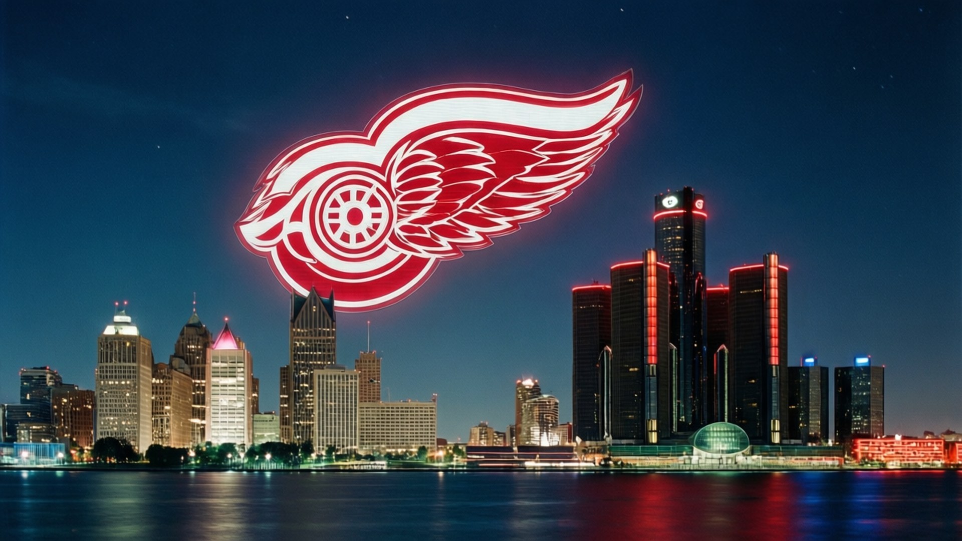 Detroit Red Wings, glowing red, Detroit skyline, Full HD Desktop Wallpaper