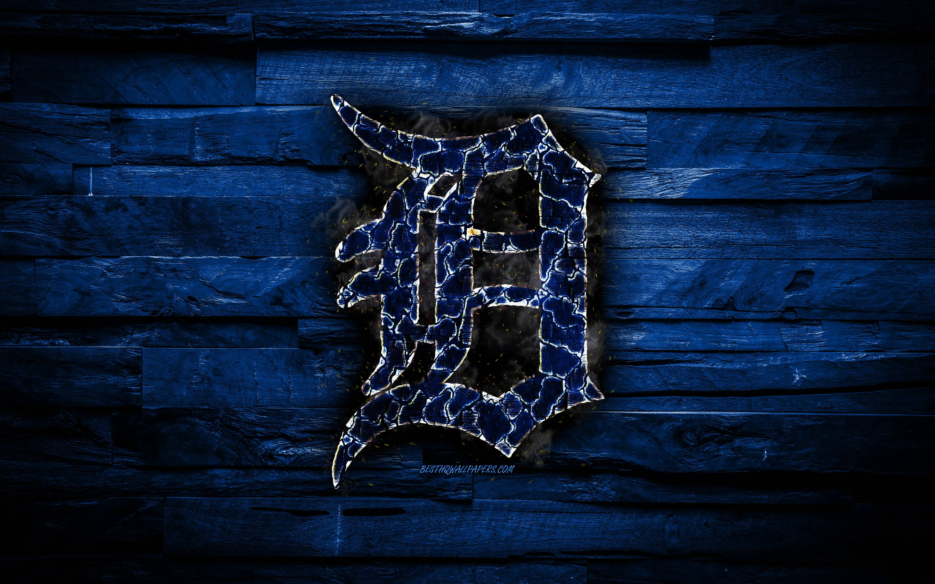 Detroit Tigers, blue logo, cracked, 4K Desktop Wallpaper