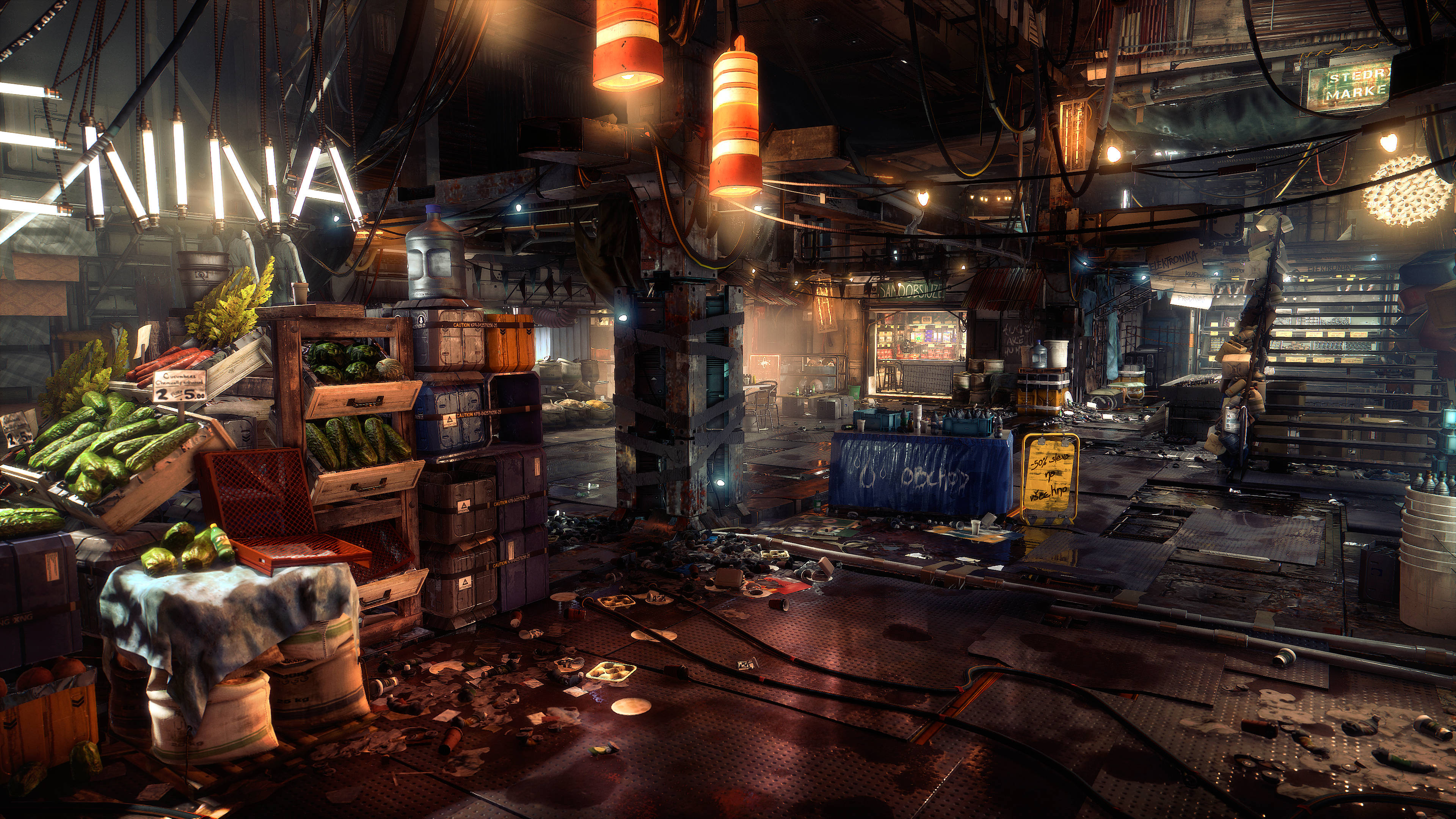 Deus Ex Mankind Divided, market area, neon signs, 4K Desktop Wallpaper