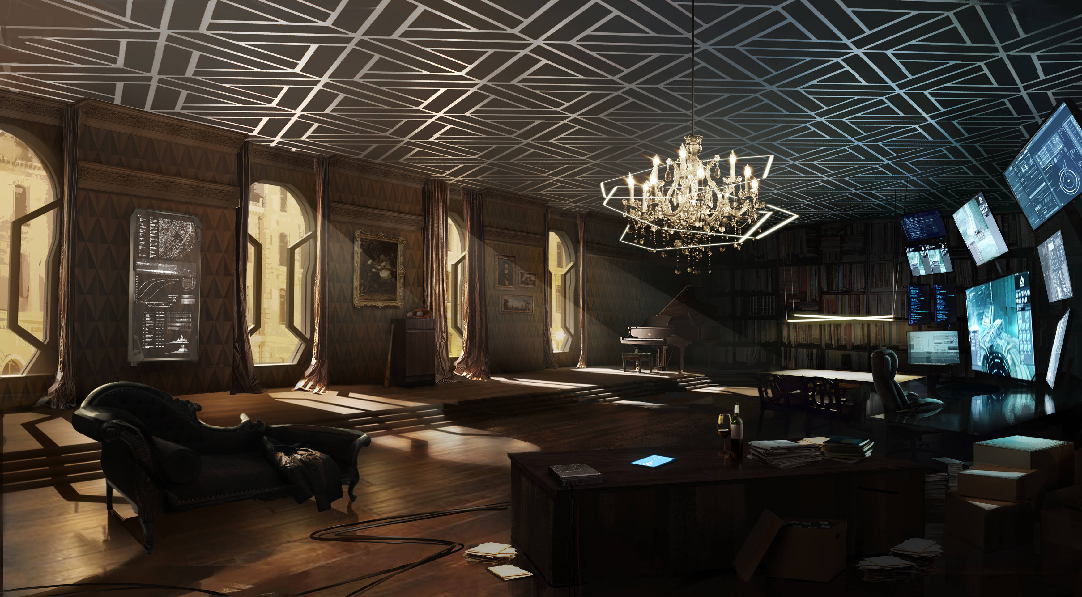 Deus Ex Mankind Divided, futuristic interior, geometric ceiling, 2K Desktop Wallpaper