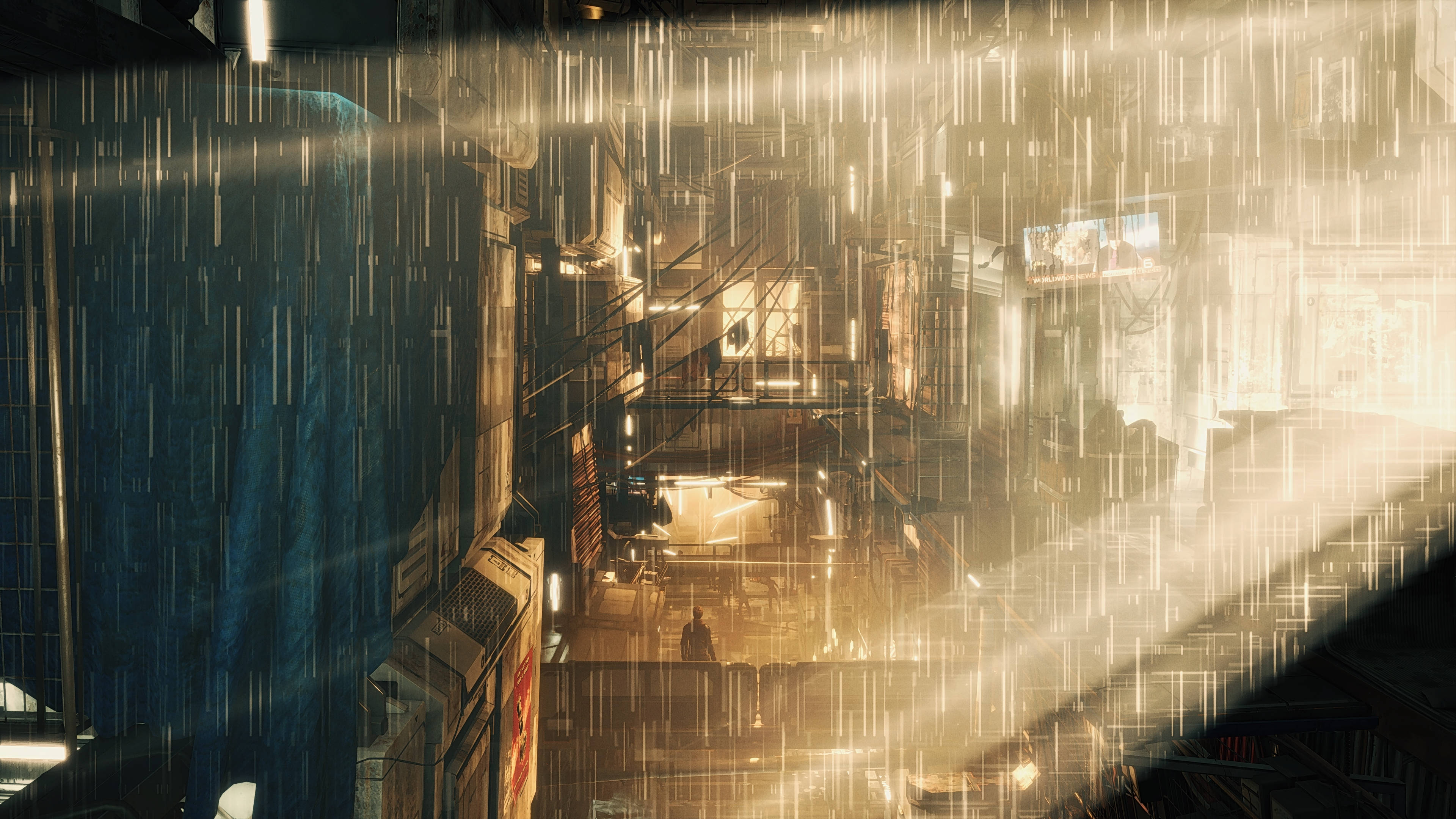 Deus Ex Mankind Divided, neon-lit alleyway, rain-slicked, 4K Desktop Wallpaper