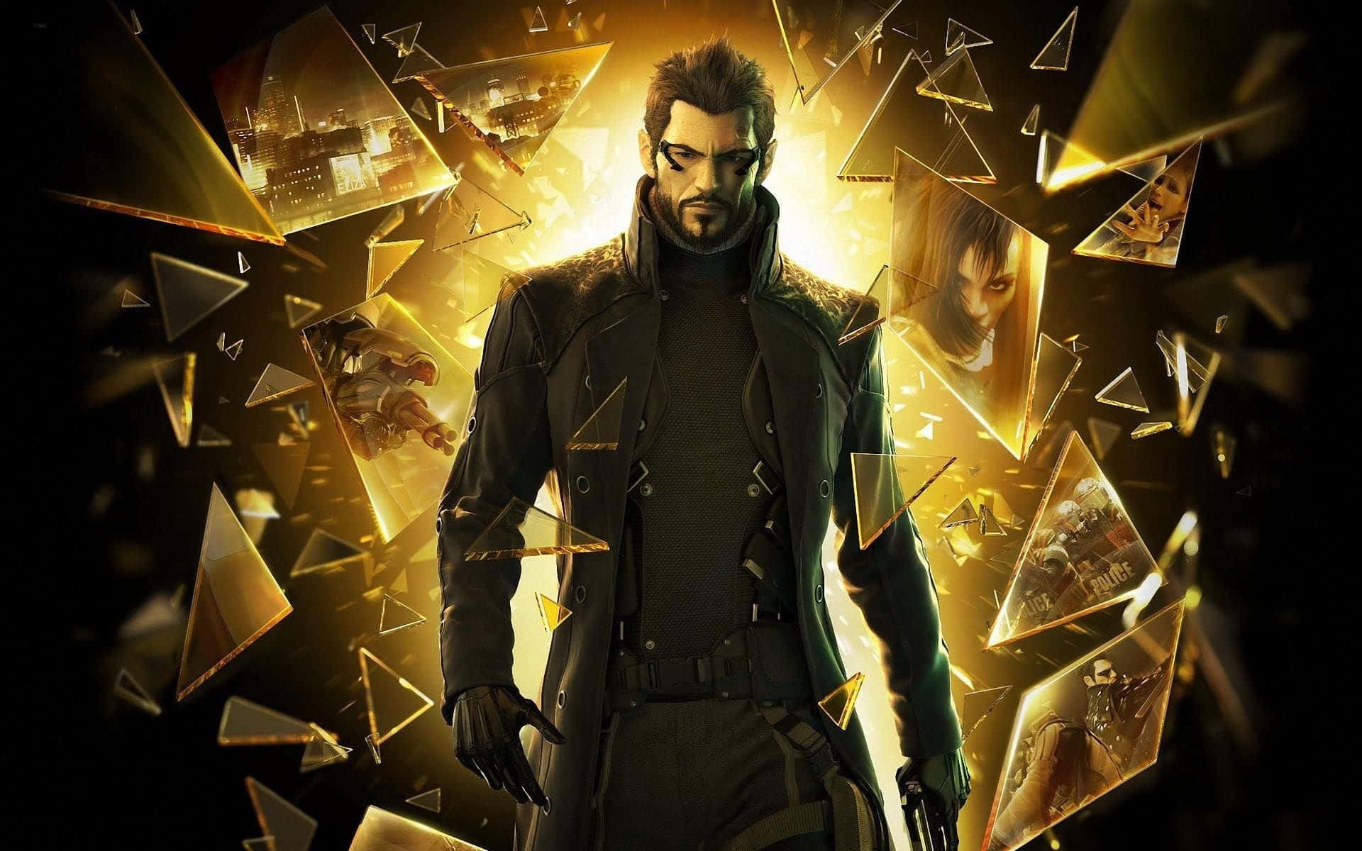 Deus Ex Mankind Divided, trench coat, golden triangular shards, Full HD Desktop Wallpaper