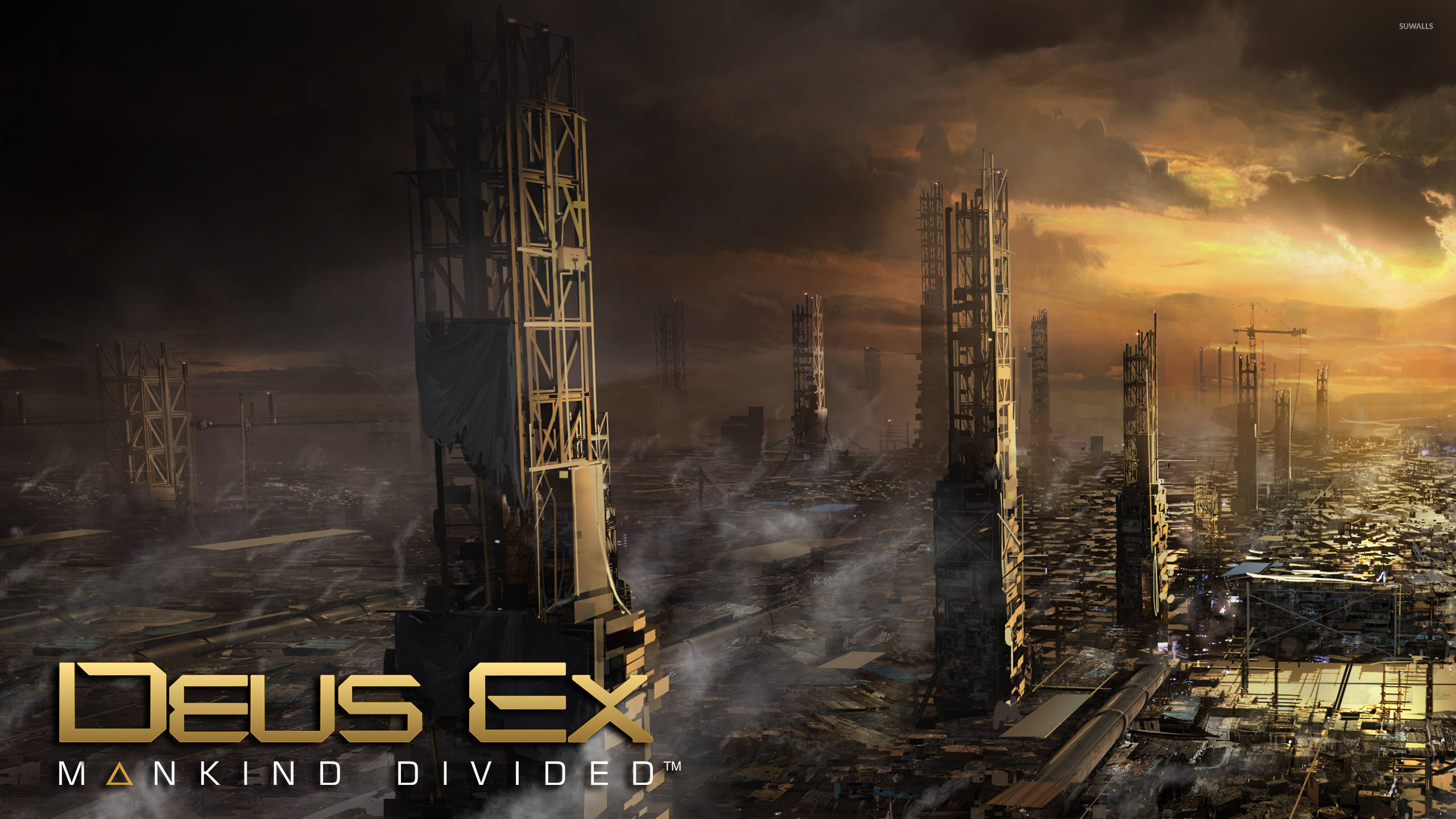 Deus Ex, sunset, tall skeletal skyscrapers, 2K Desktop Wallpaper
