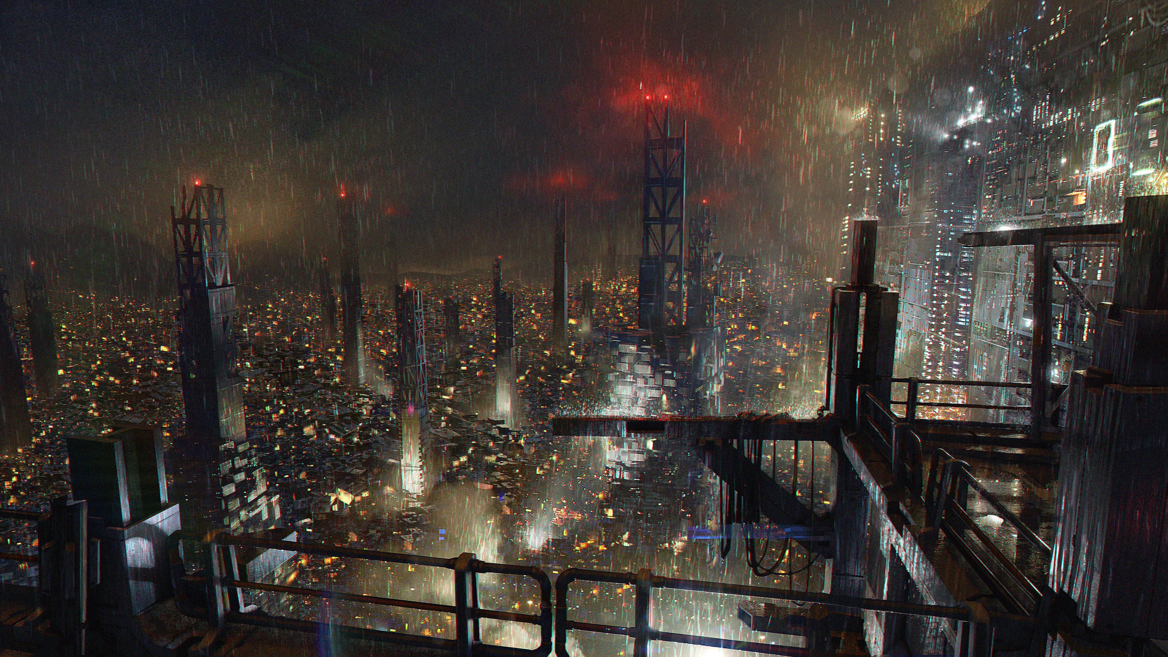 Deus Ex, neon-lit cyberpunk cityscape, towering skyscrapers, 4K Desktop Wallpaper