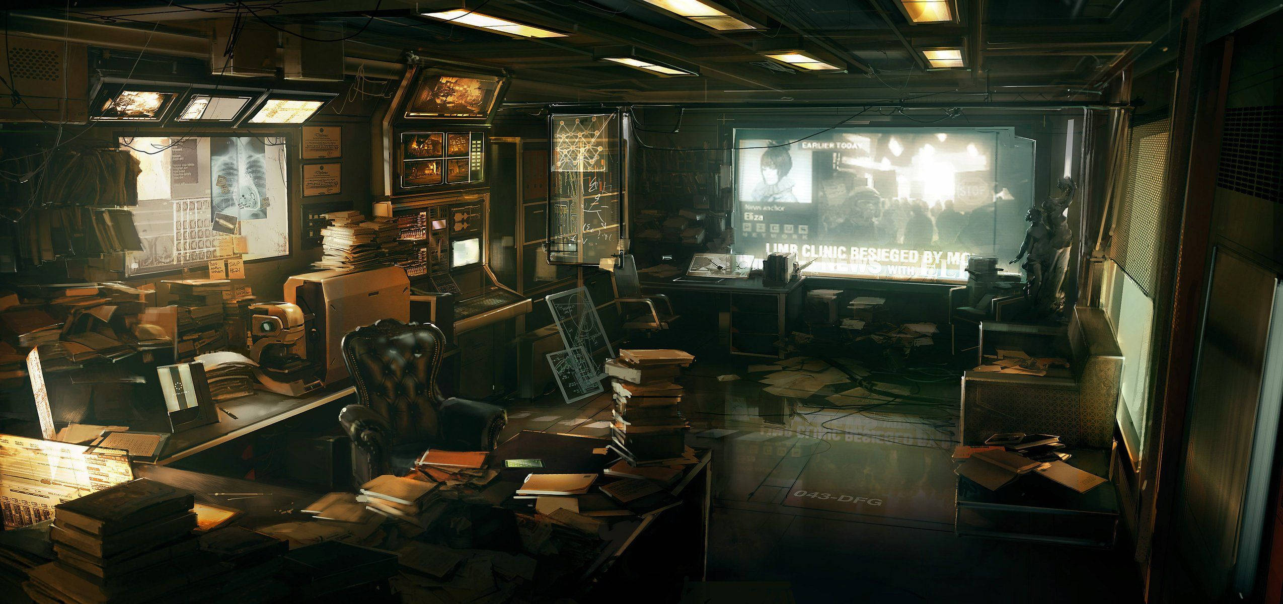 Deus Ex, futuristic command center, glowing screens, Full HD Desktop Wallpaper