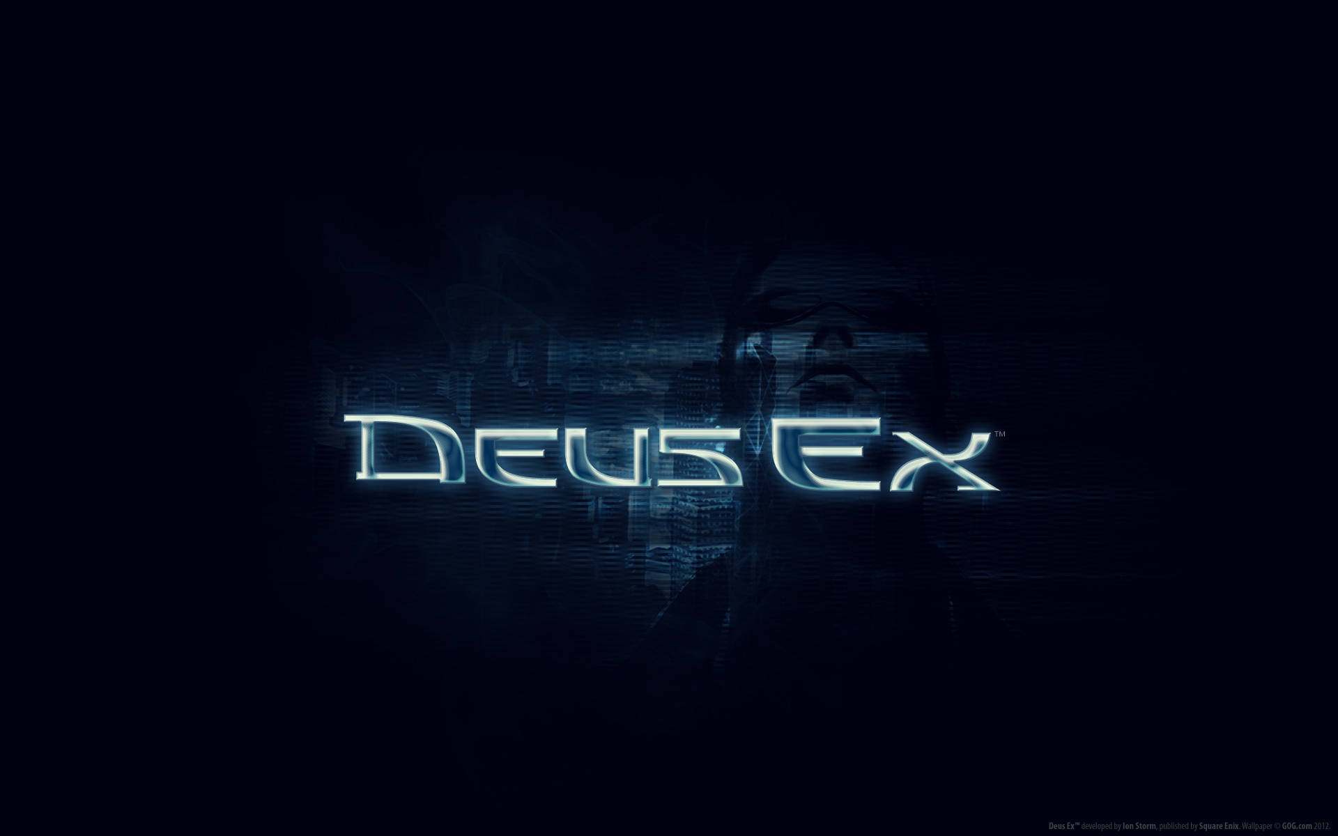 DEUS EX, glowing blue neon, dark digital backdrop, Full HD Desktop Wallpaper