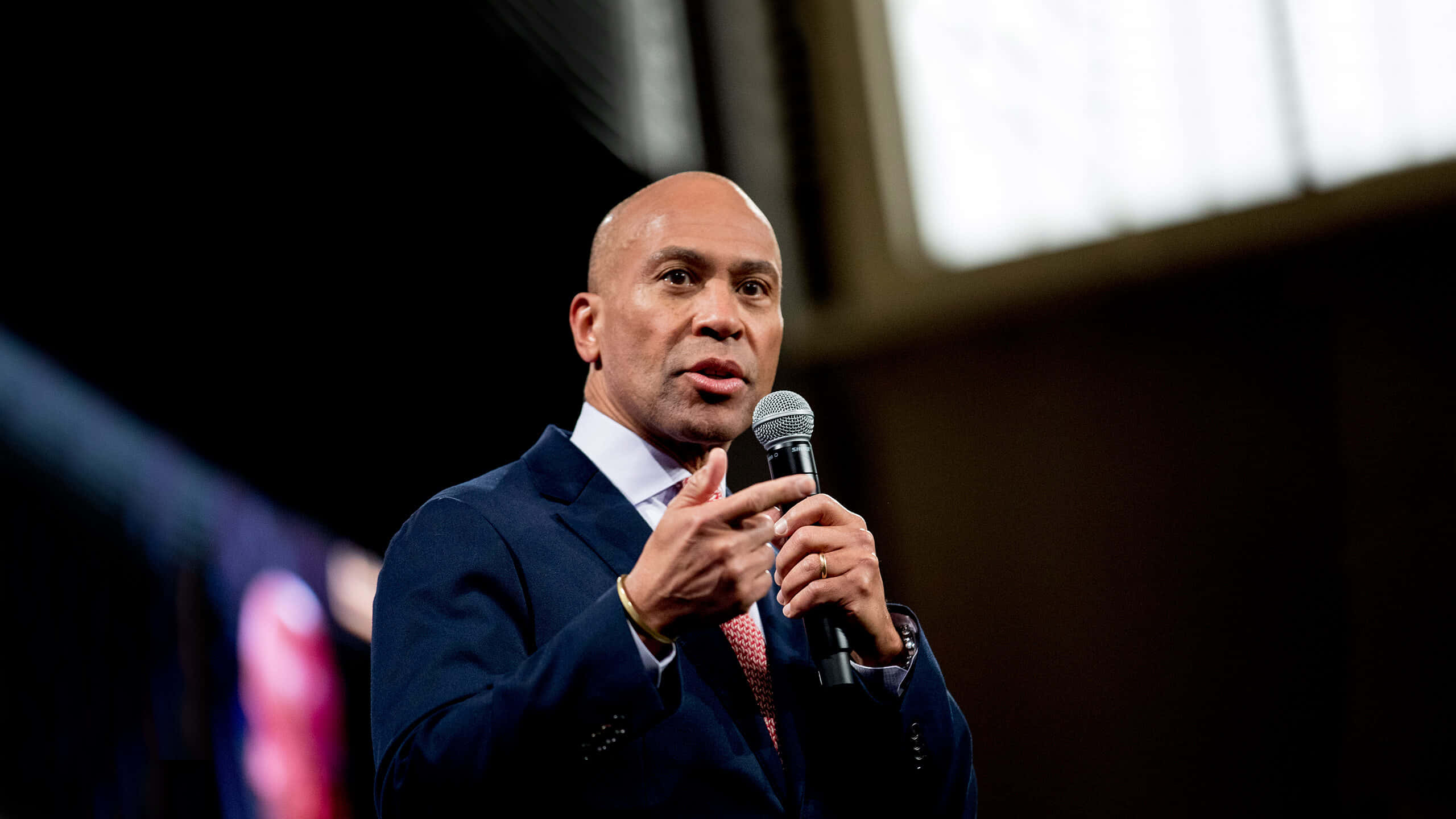 Deval Patrick, microphone, dark suit, 2K Desktop Wallpaper