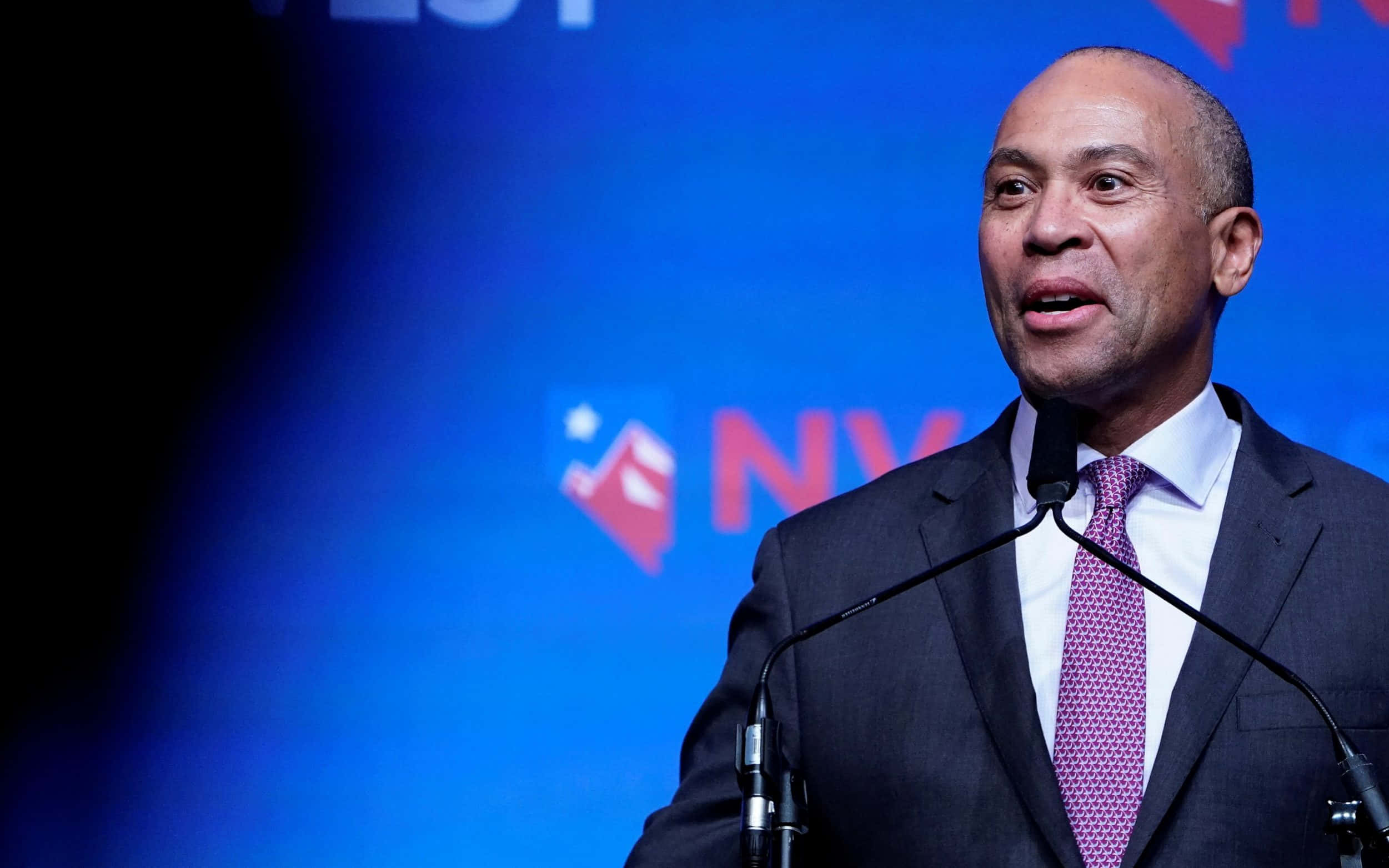 Deval Patrick, podium, blue backdrop, Full HD Desktop Wallpaper
