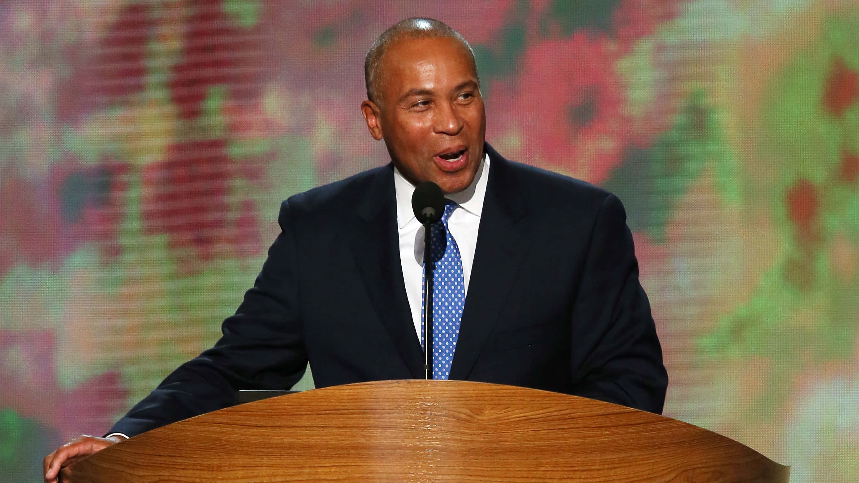 Deval Patrick, wooden podium, dark suit, 2K Desktop Wallpaper