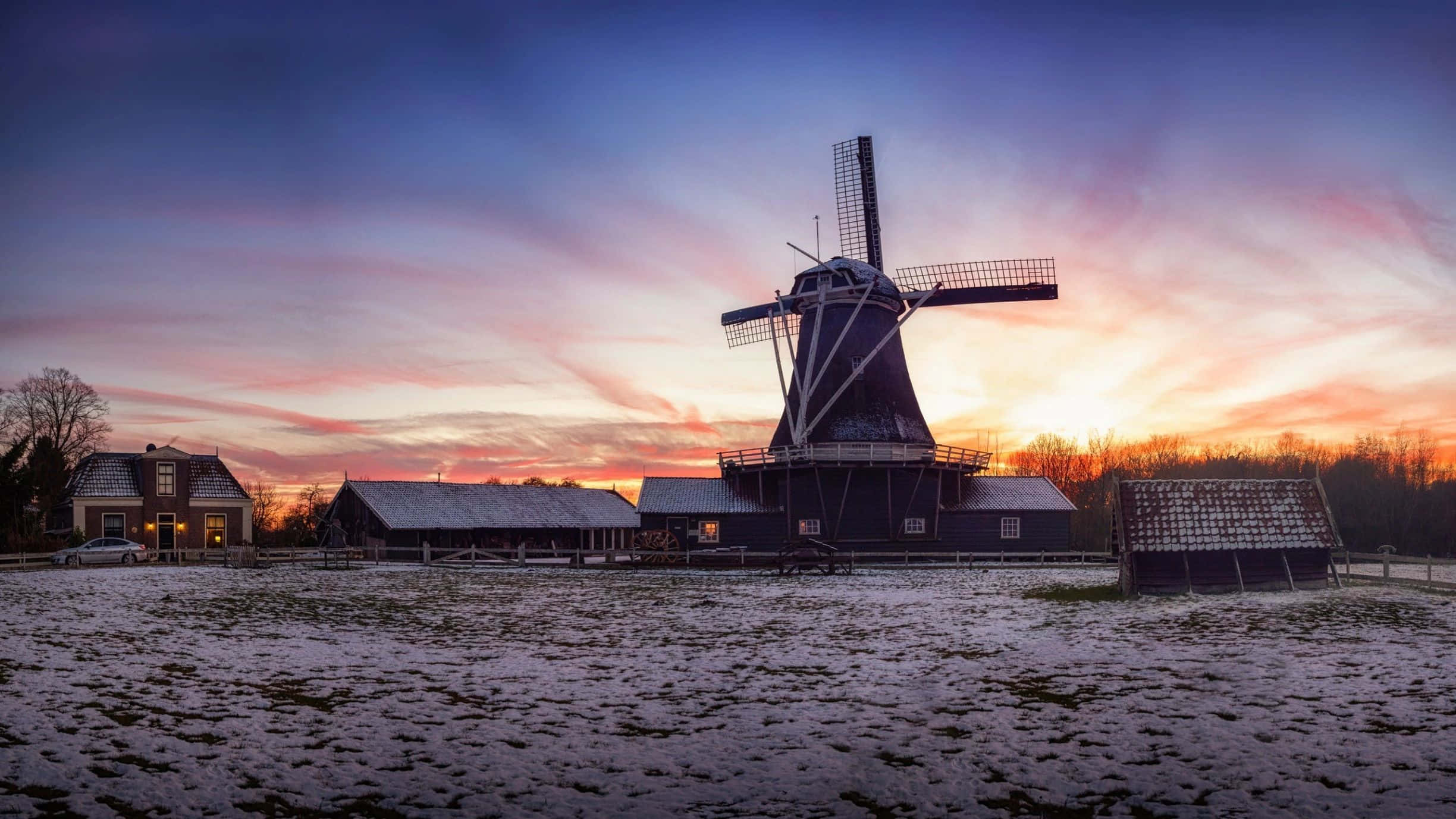 Deventer, windmill, sunset, Full HD Desktop Wallpaper