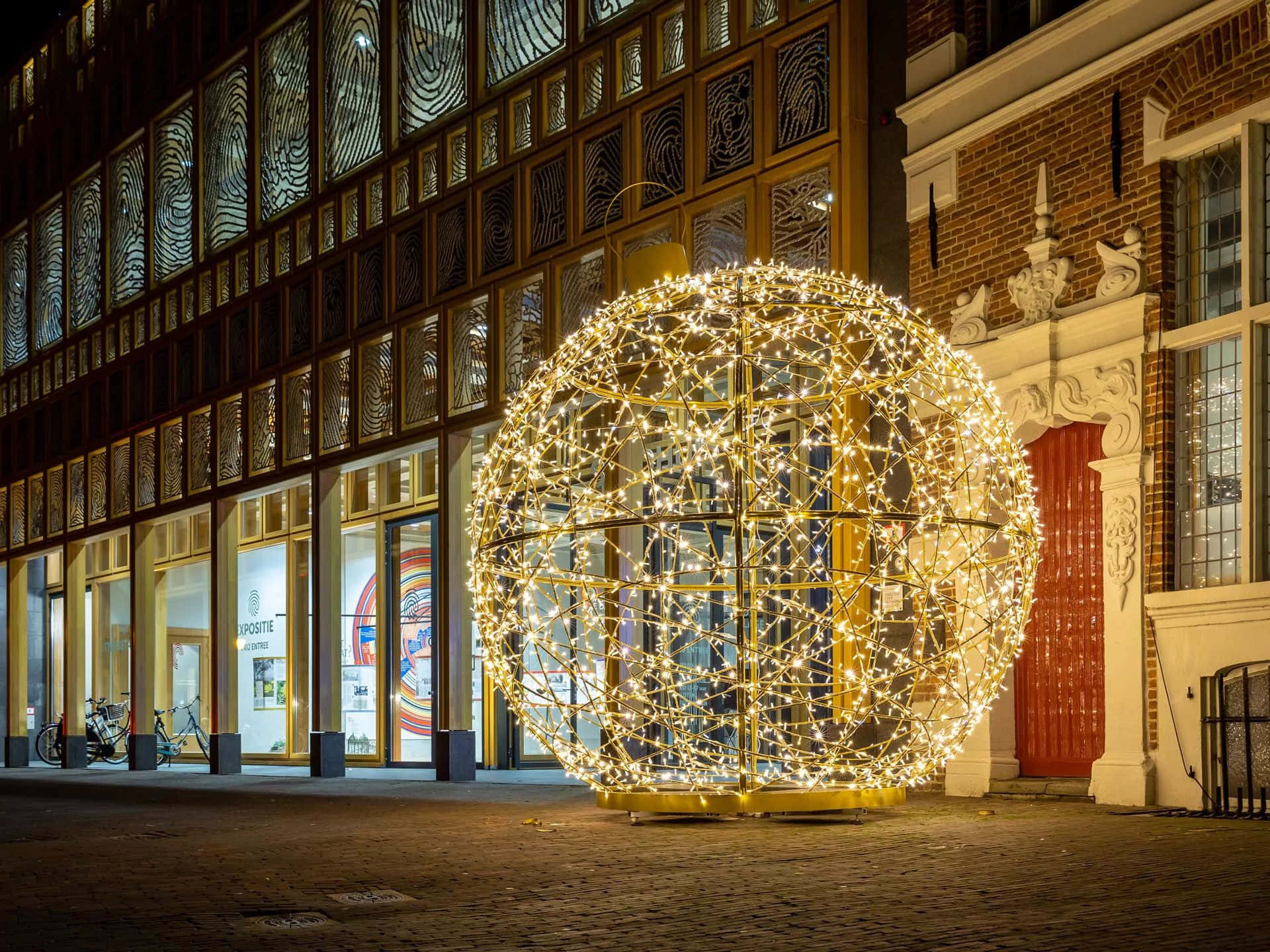 Deventer, nighttime, illuminated sphere, Full HD Desktop Wallpaper