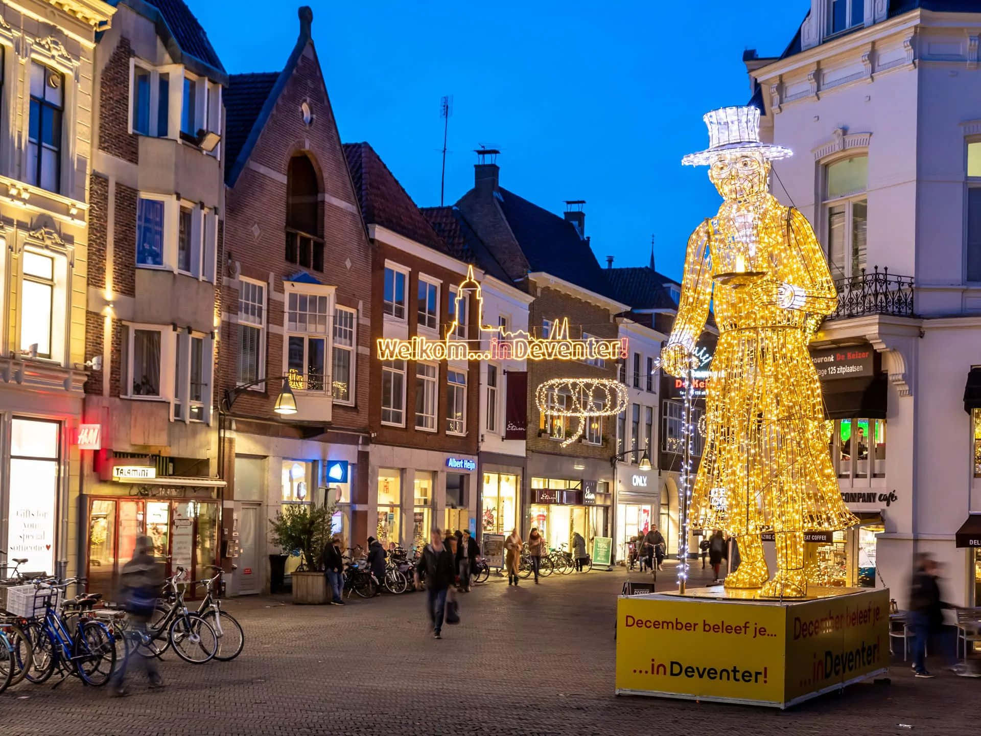 Deventer, evening lights, Christmas decoration, Full HD Desktop Wallpaper