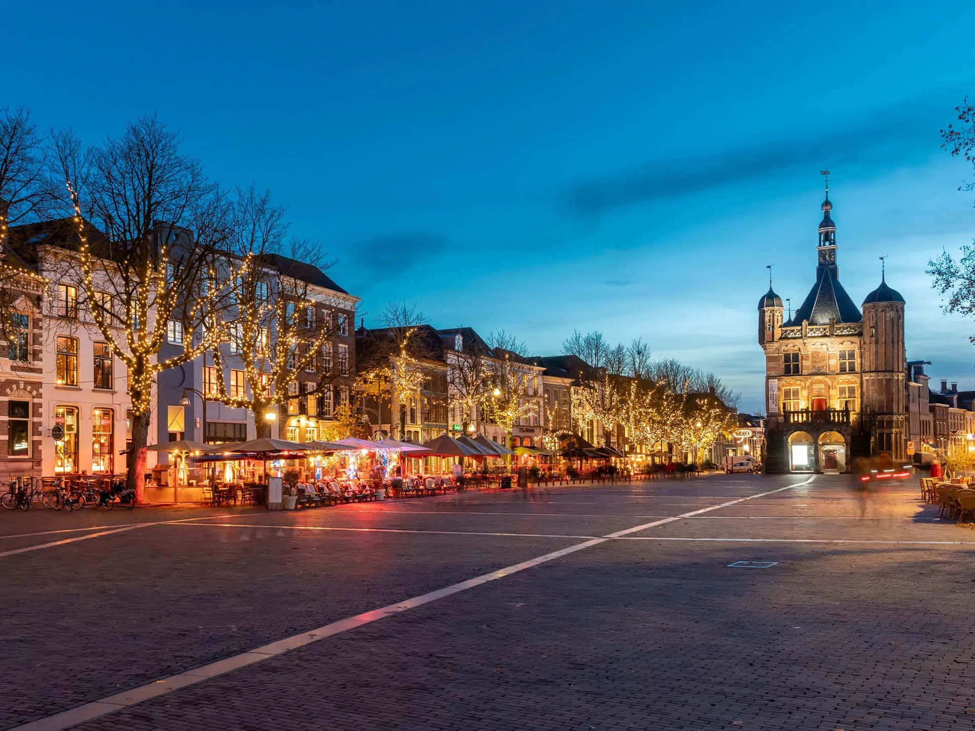 Deventer, twilight, cobblestone town square, Full HD Desktop Wallpaper