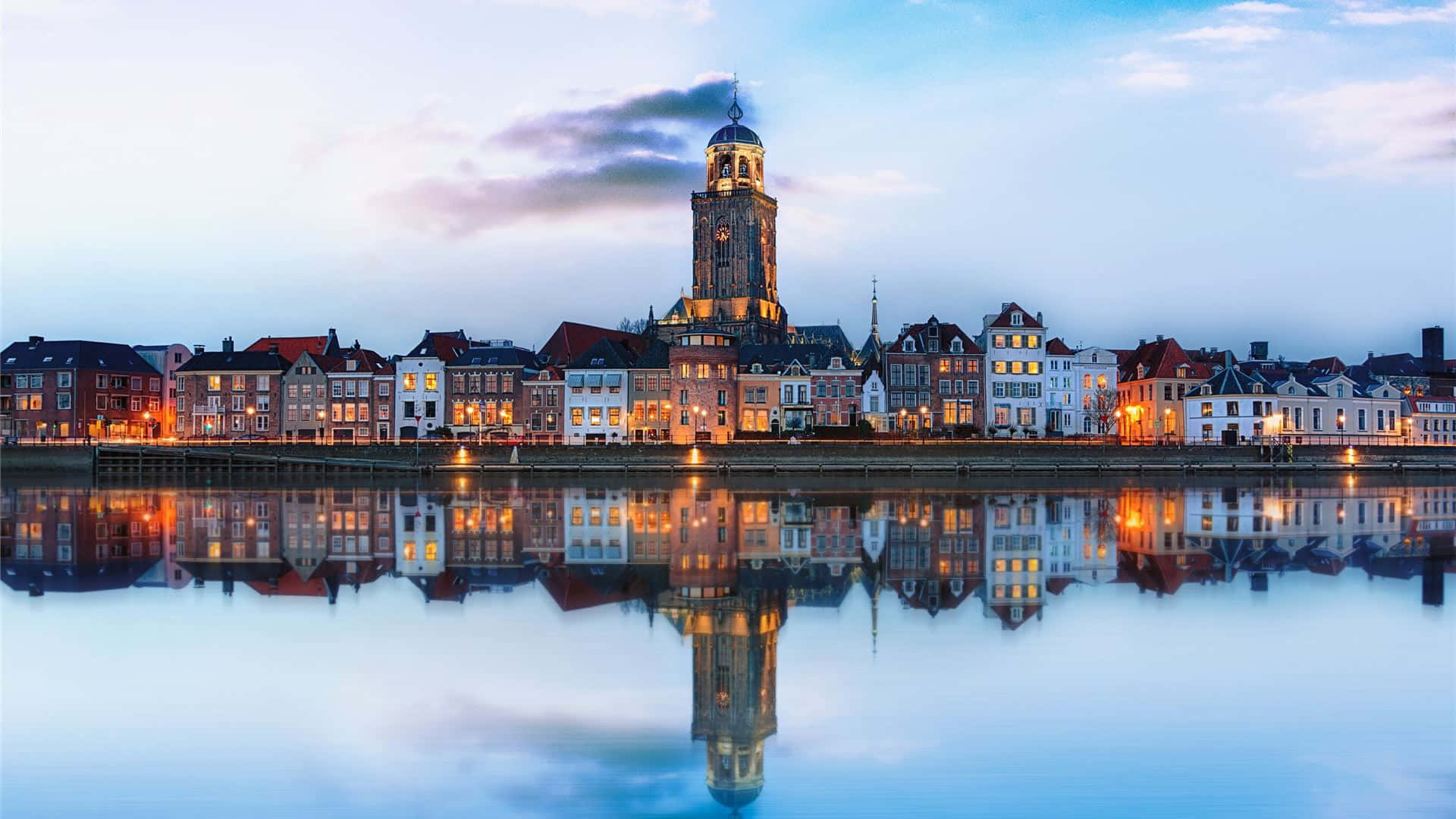 Deventer, skyline, twilight, Full HD Desktop Wallpaper