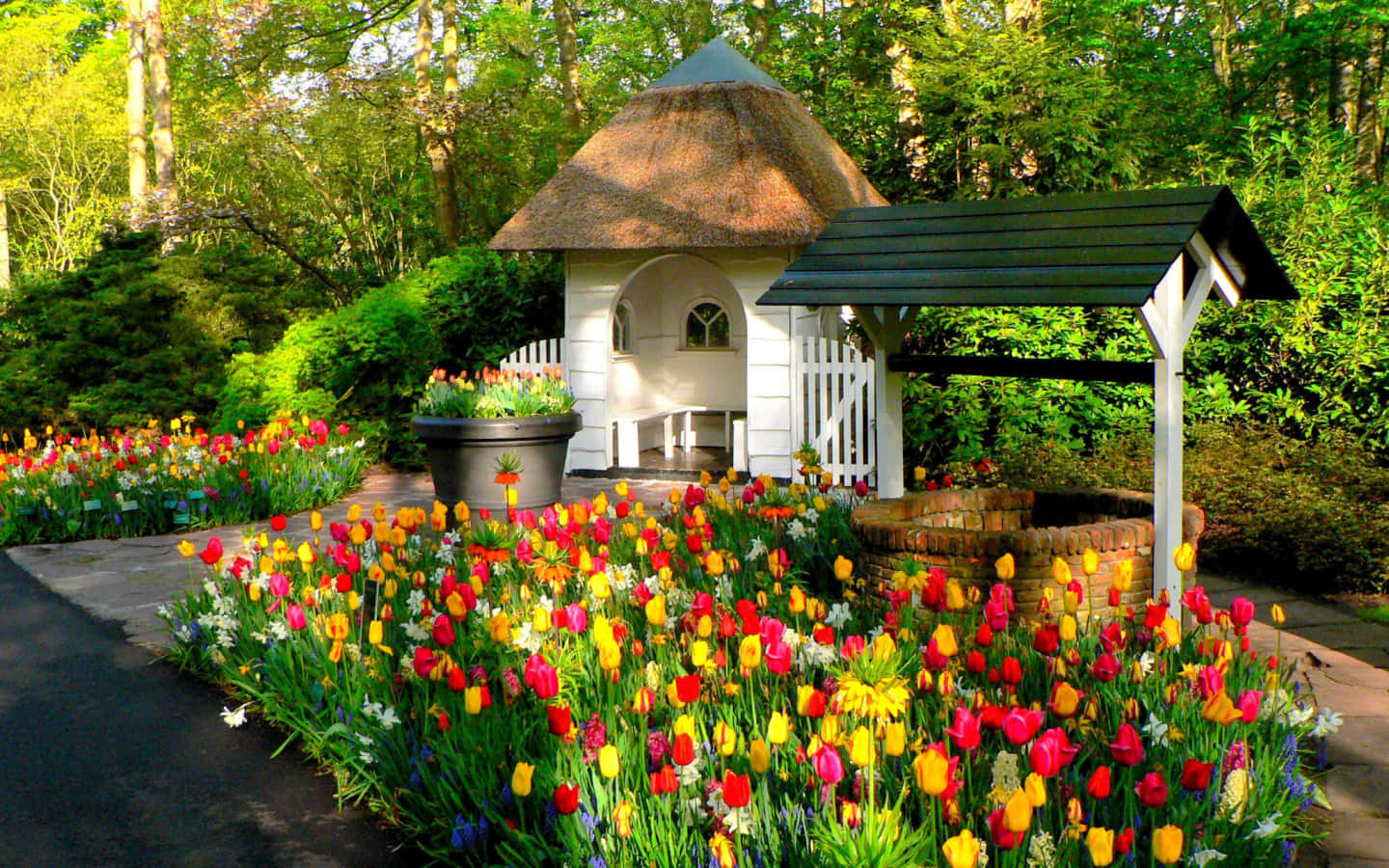 Deventer, idyllic spring garden, white gazebo, HD Desktop Wallpaper