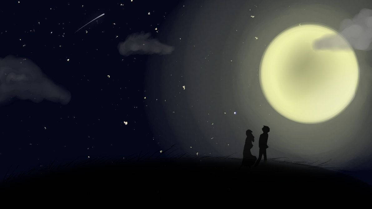 Couple Under The Moonlight, moon, starry night sky, SD Desktop Wallpaper