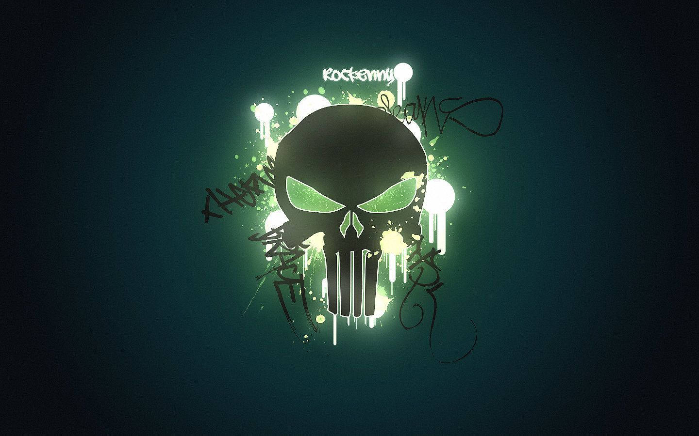 glowing green skull, graffiti splatters, dripping paint, HD Desktop Wallpaper