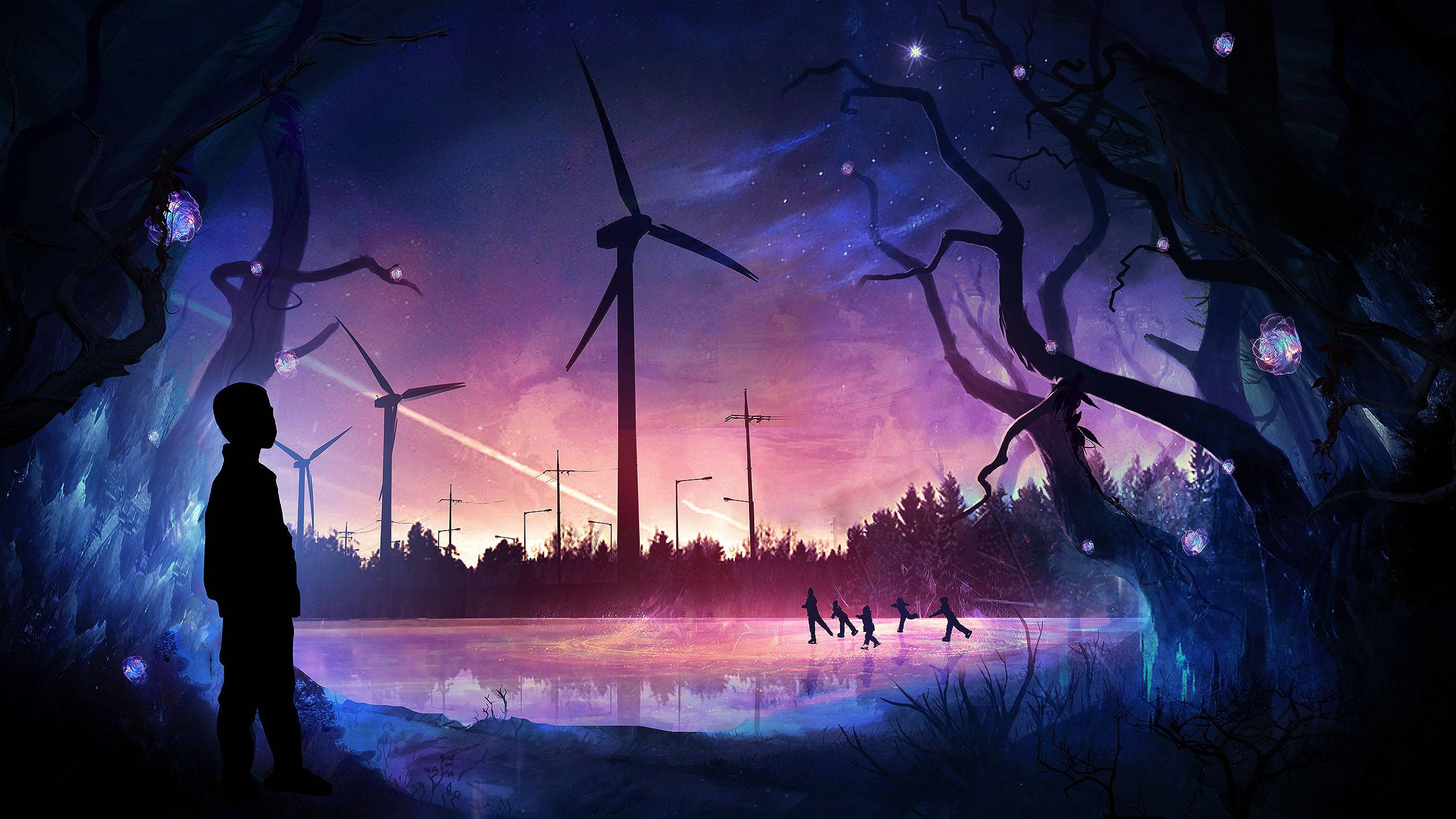 windmills, ice skating, twilight forest, 2K Desktop Wallpaper