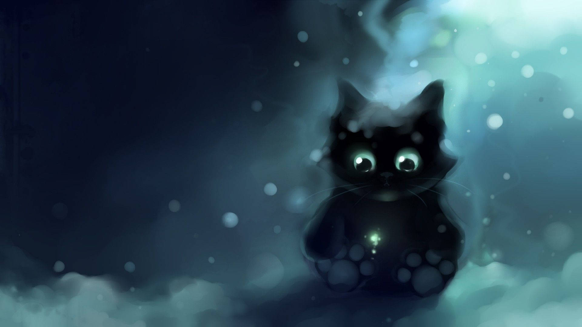 cute black kitten, glowing eyes, misty clouds, Full HD Desktop Wallpaper