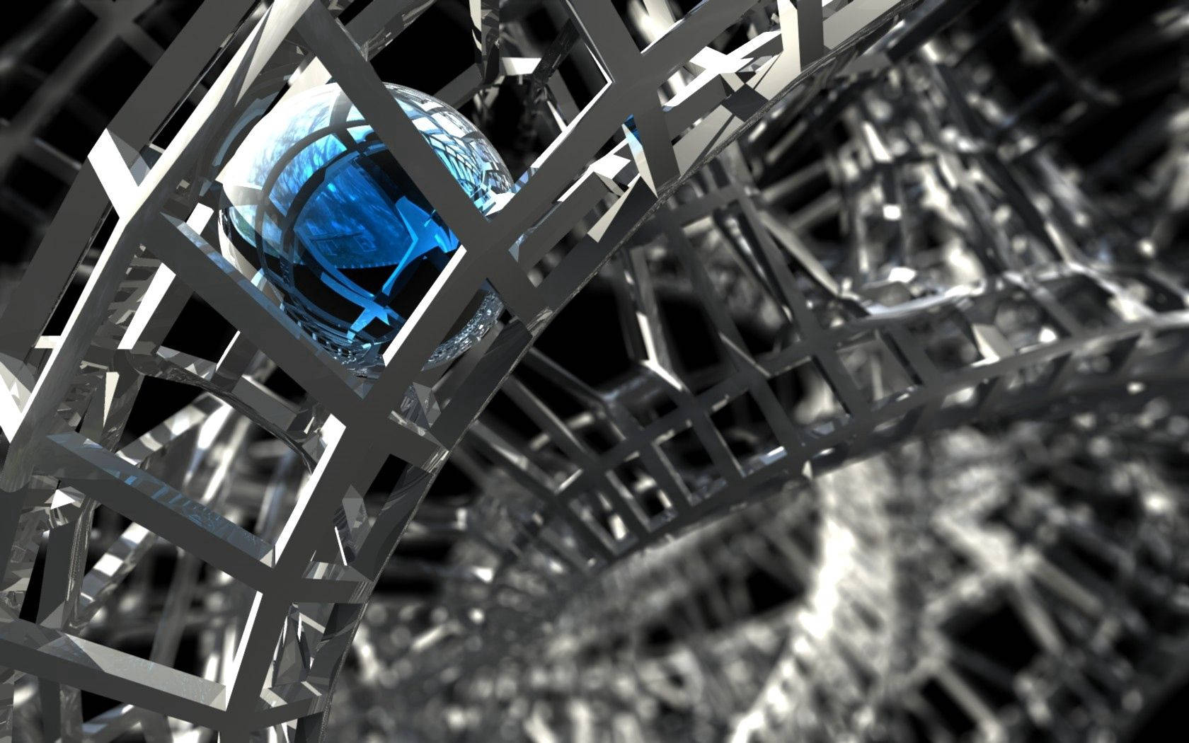 metallic alloy ball device, glowing blue orb, complex metallic lattice structure, HD Desktop Wallpaper