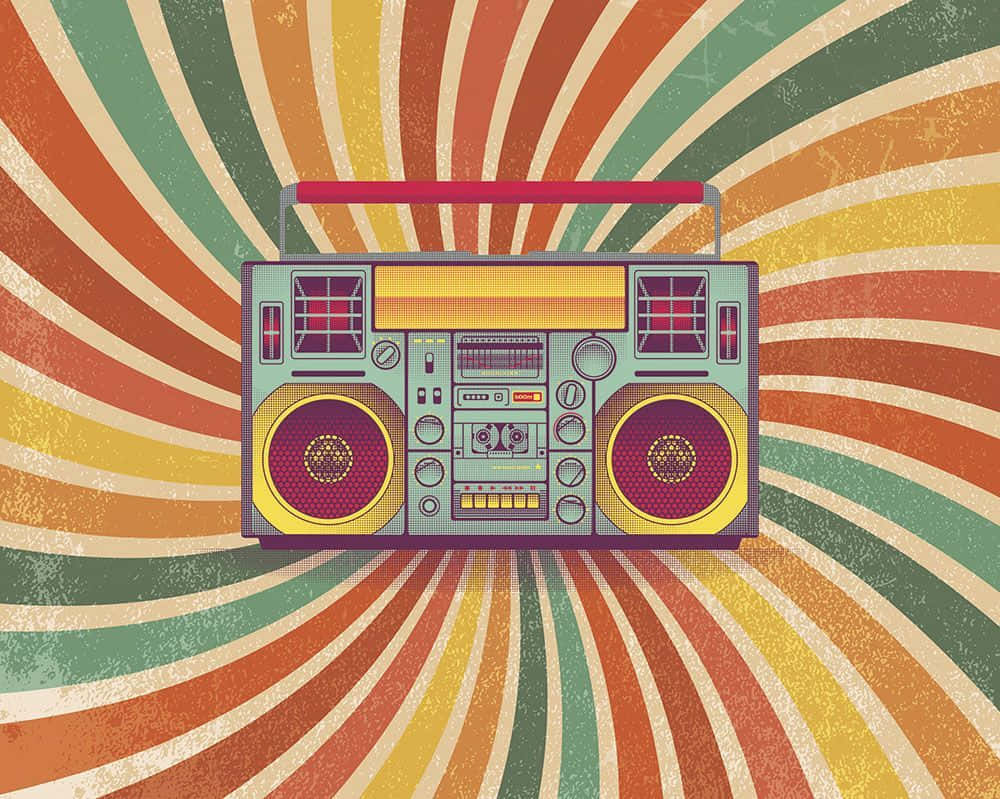 retro boombox, vibrant swirling rainbow background, vintage grain texture, SD Desktop Wallpaper