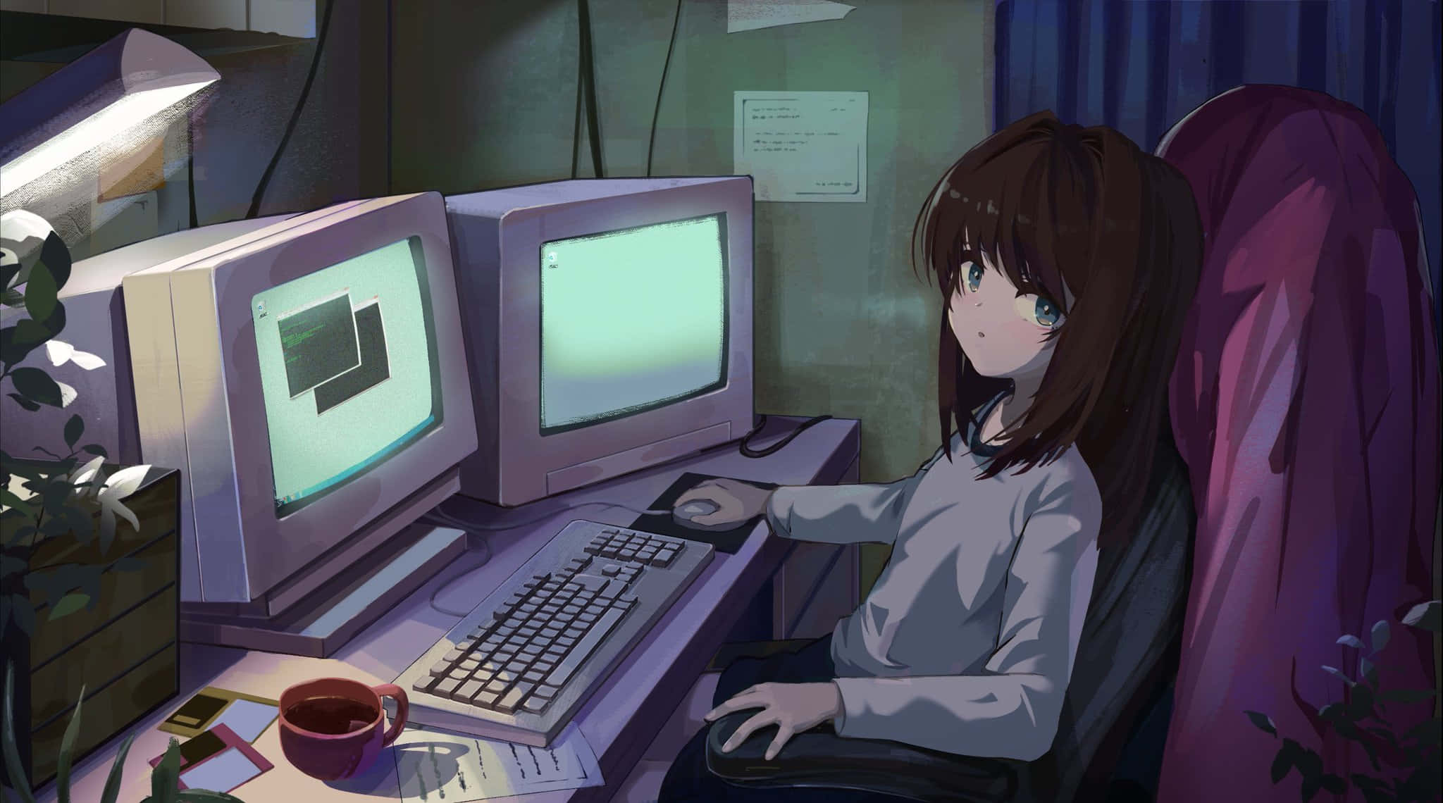 anime girl, vintage CRT monitors, desk, Full HD Desktop Wallpaper