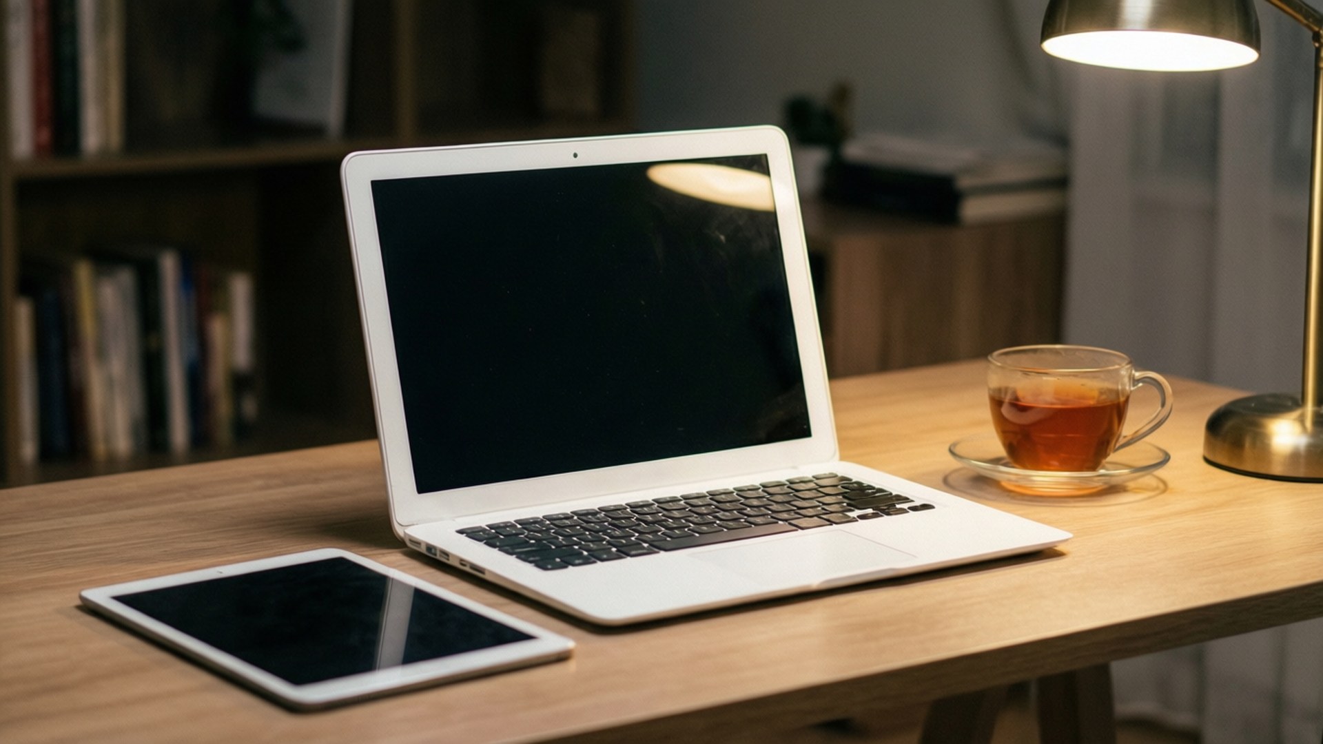 silver laptop, tablet, wooden desk, Full HD Desktop Wallpaper