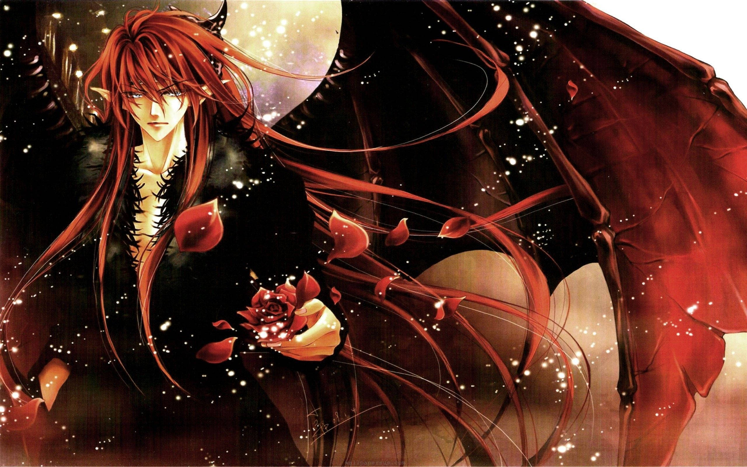 Anime Devil Boy, red-haired, bat wings, 2K Desktop Wallpaper