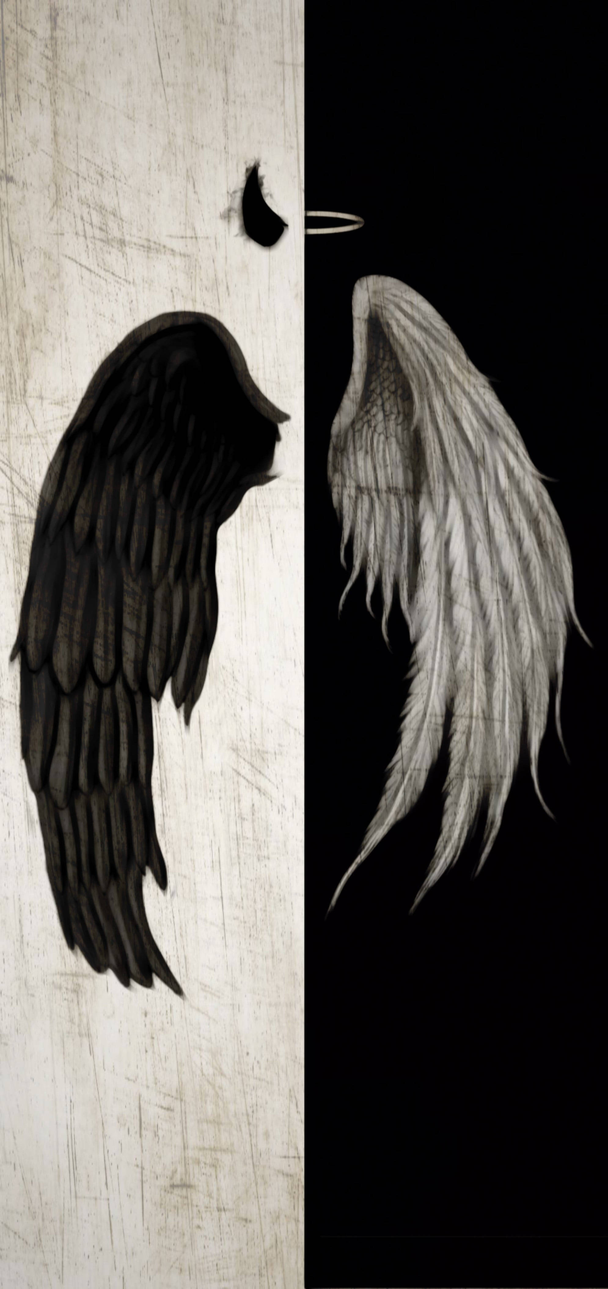 half angel half devil boy, black angel wing, textured white, 4K Phone Wallpaper